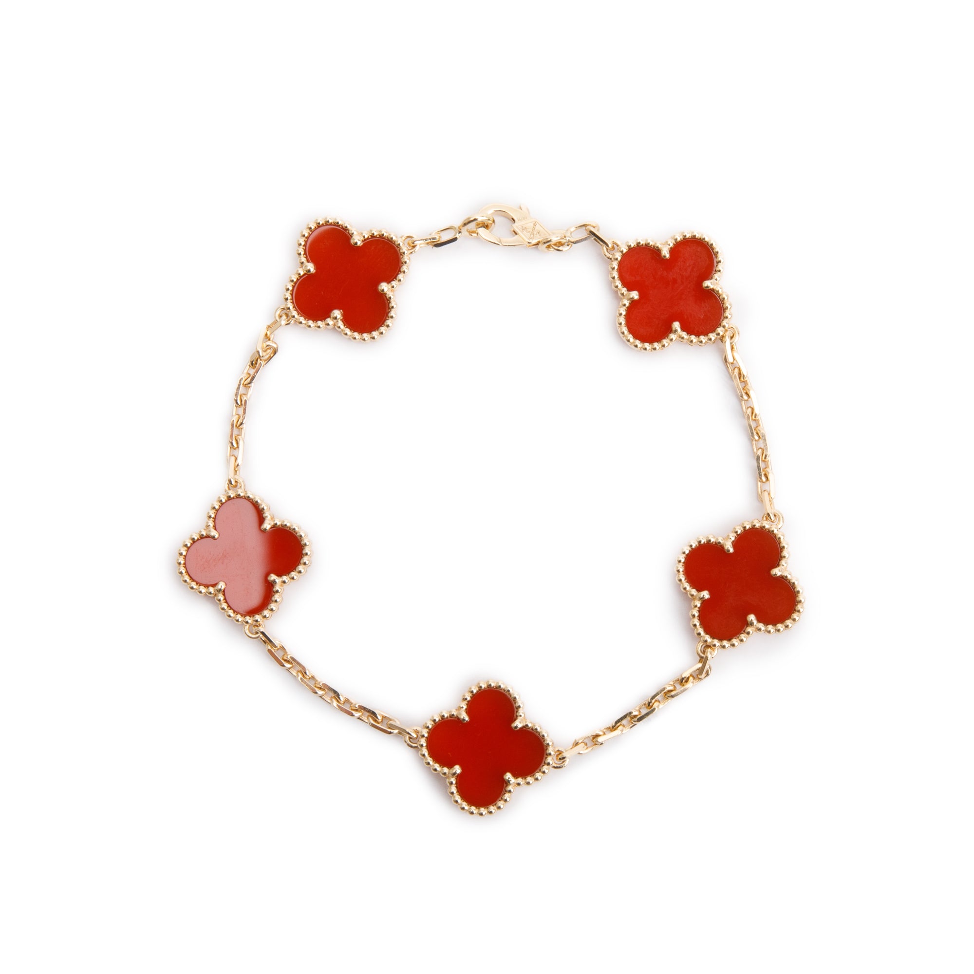 Van Cleef & Arpels 2022 18k Yellow Gold Vintage Alhambra 5 Motif Carnelian Bracelet w/ Box & Certificate