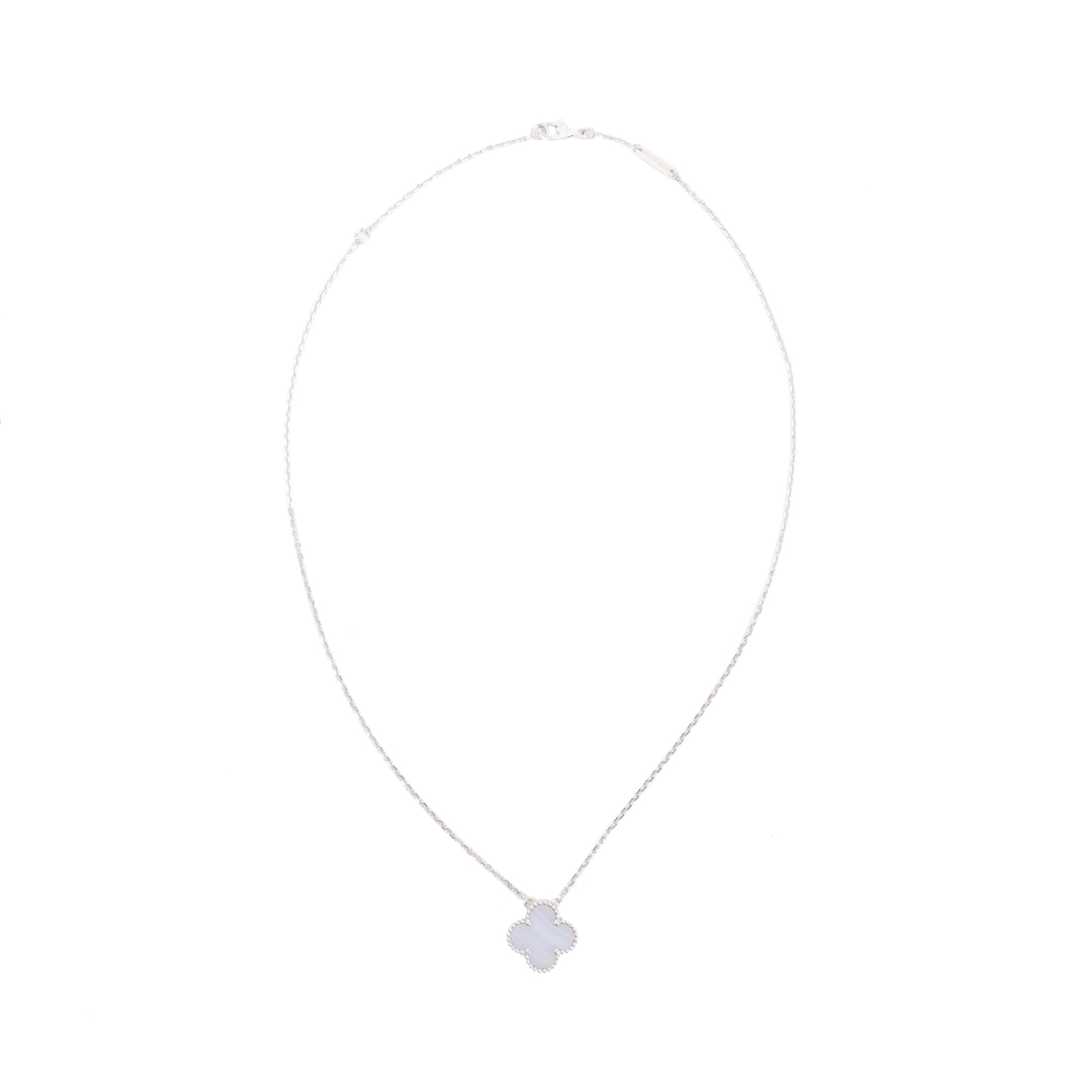 Van Cleef & Arpels 2023 18k White Gold Chalcedony Vintage Alhambra Pendant Necklace w/ Box, Receipt & Certificate