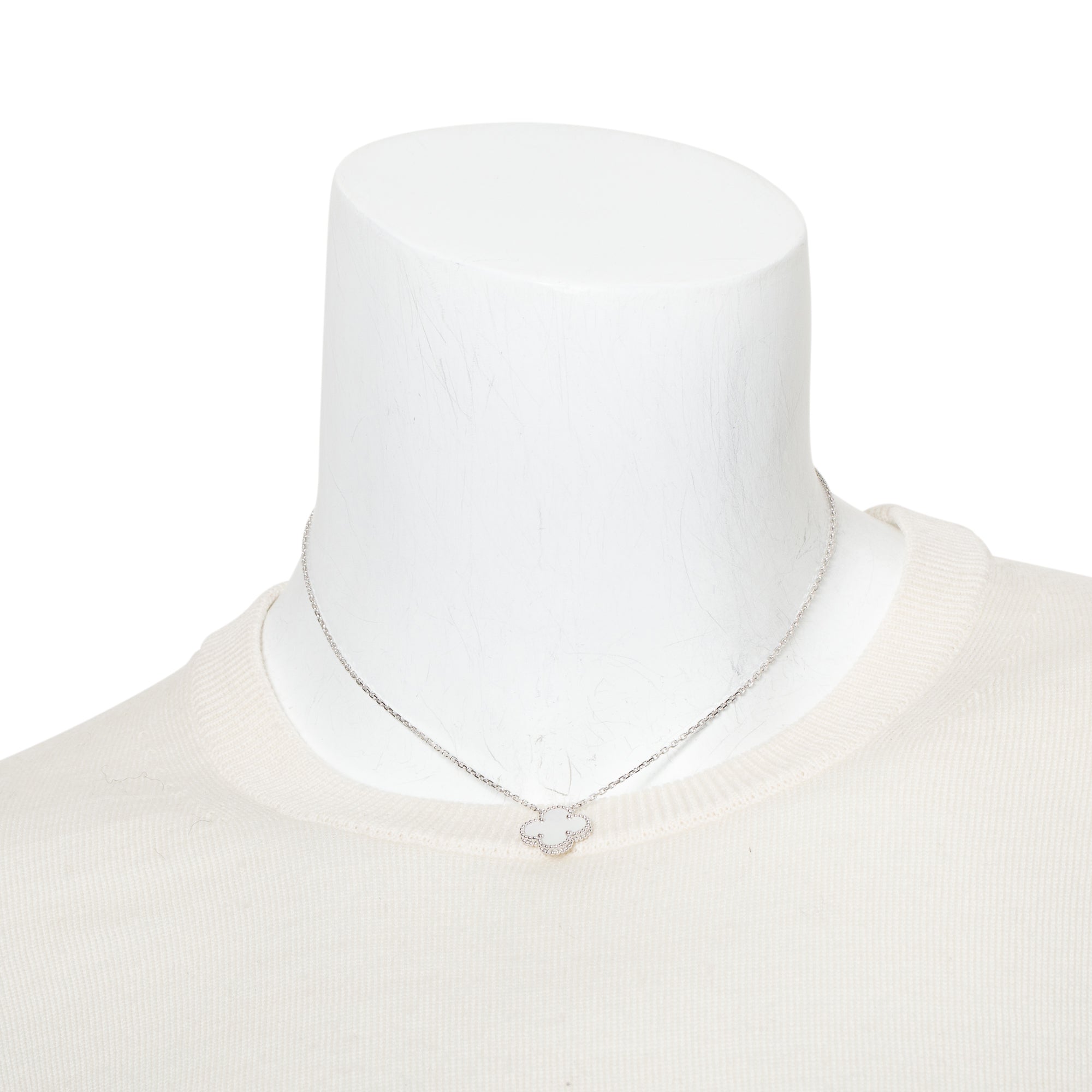 Van Cleef & Arpels 2023 18k White Gold Vintage Alhambra Mother of Pearl Pendant Necklace w/ Box, Receipt & Certificate