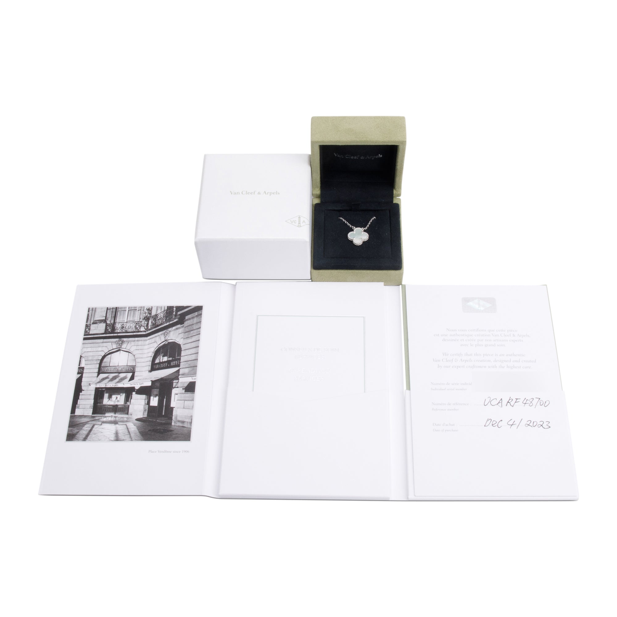 Van Cleef & Arpels 2023 18k White Gold Vintage Alhambra Mother of Pearl Pendant Necklace w/ Box, Receipt & Certificate