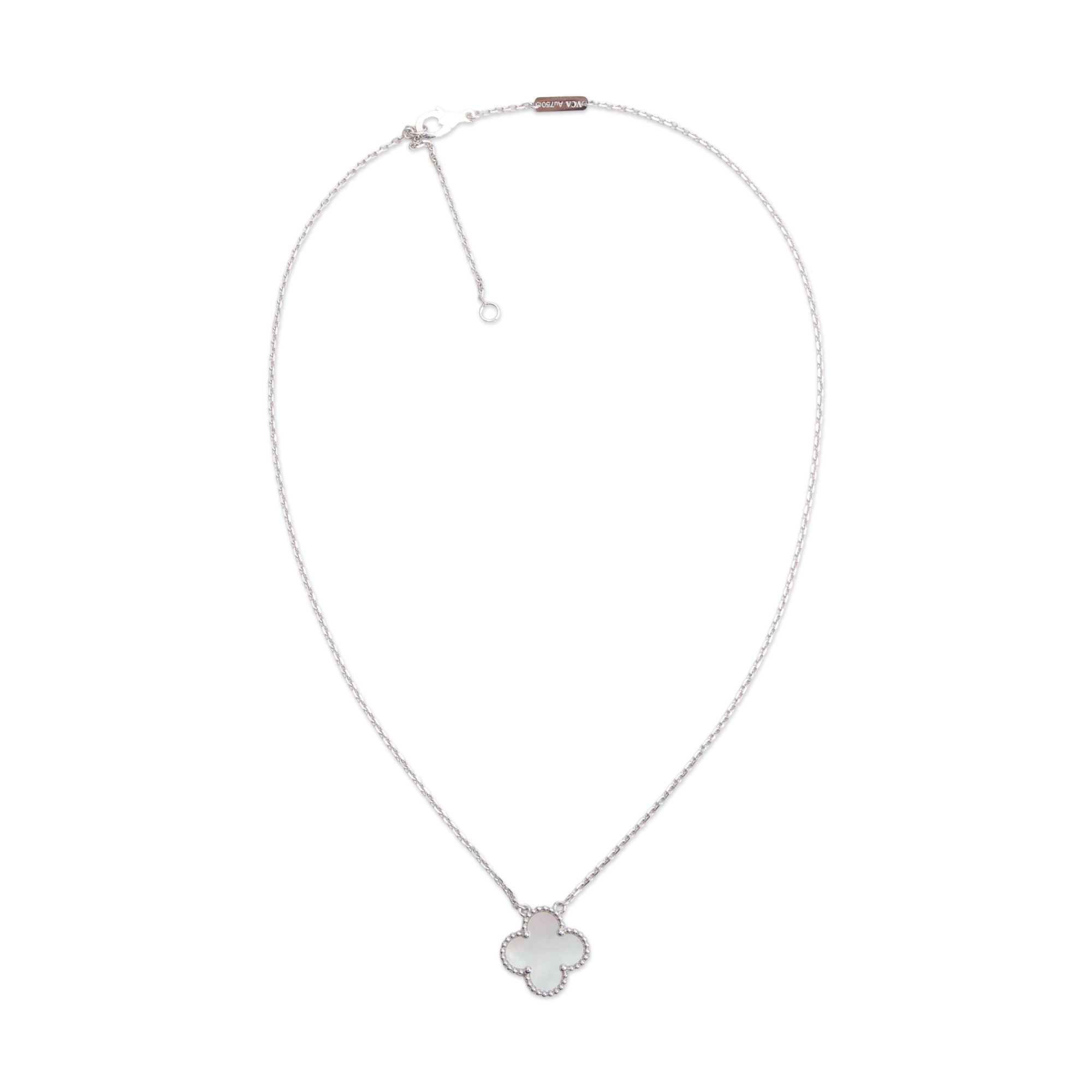 Van Cleef & Arpels 2023 18k White Gold Vintage Alhambra Mother of Pearl Pendant Necklace w/ Box, Receipt & Certificate
