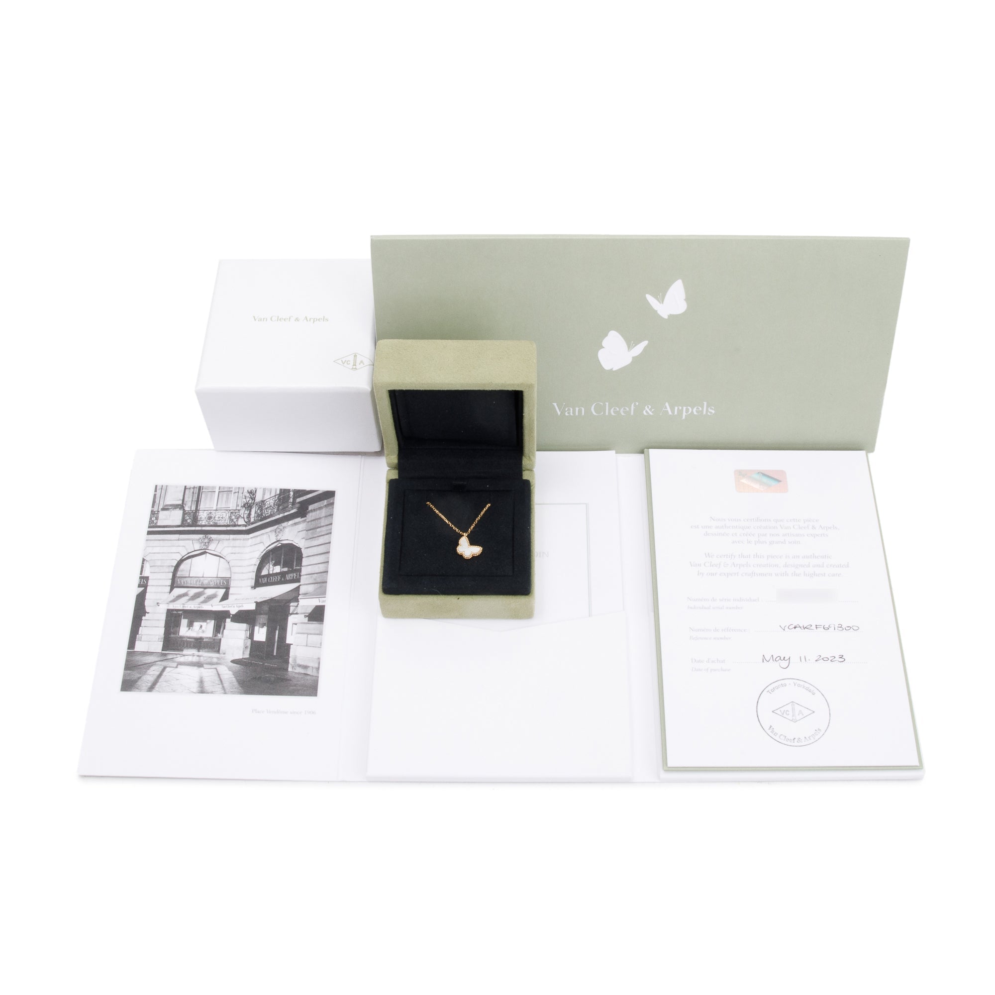 Van Cleef & Arpels 2023 18k Yellow Gold Sweet Alhambra Mother of Pearl Butterfly Pendant Necklace w/ Box, Receipt & Certificate