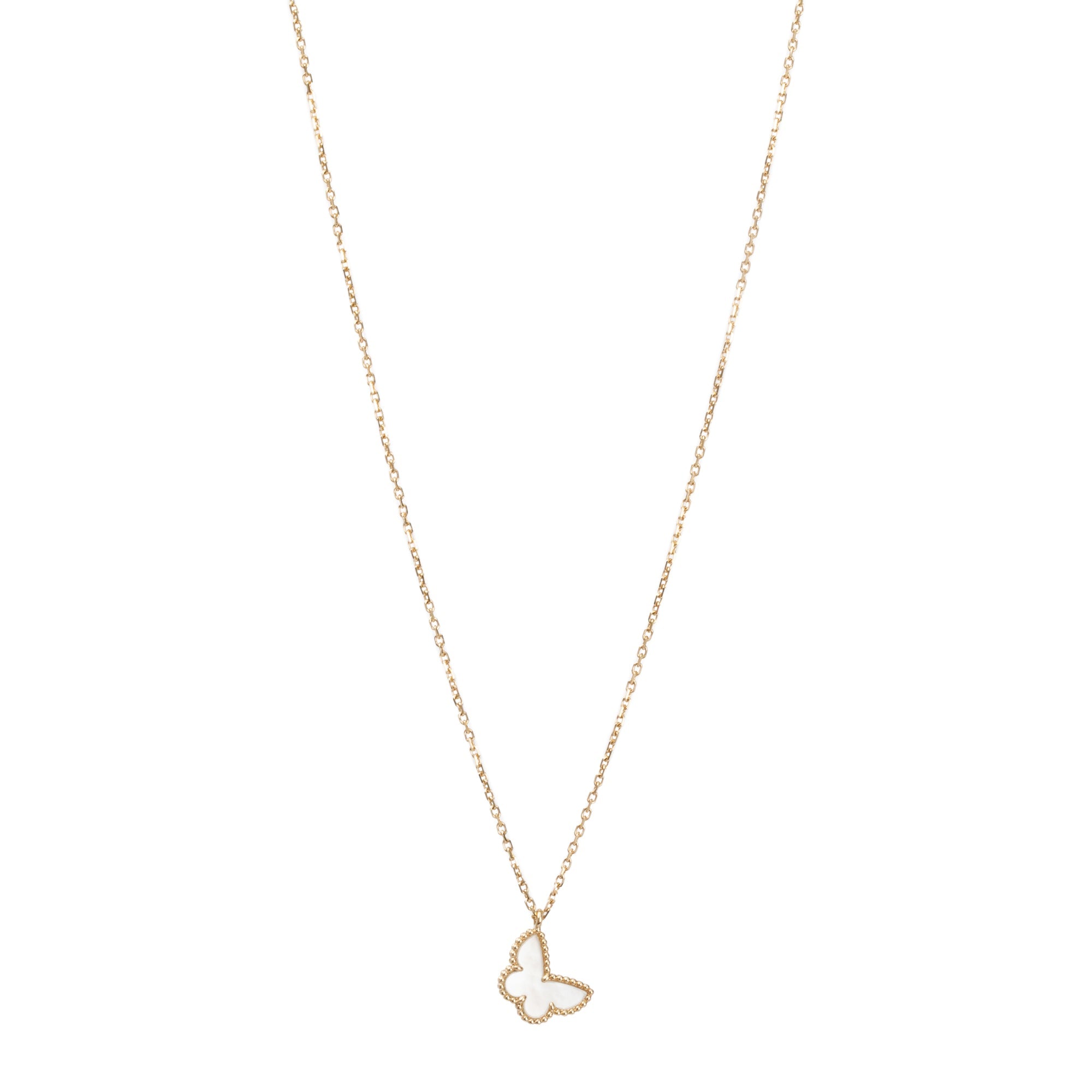 Van Cleef & Arpels 2023 18k Yellow Gold Sweet Alhambra Mother of Pearl Butterfly Pendant Necklace w/ Box, Receipt & Certificate