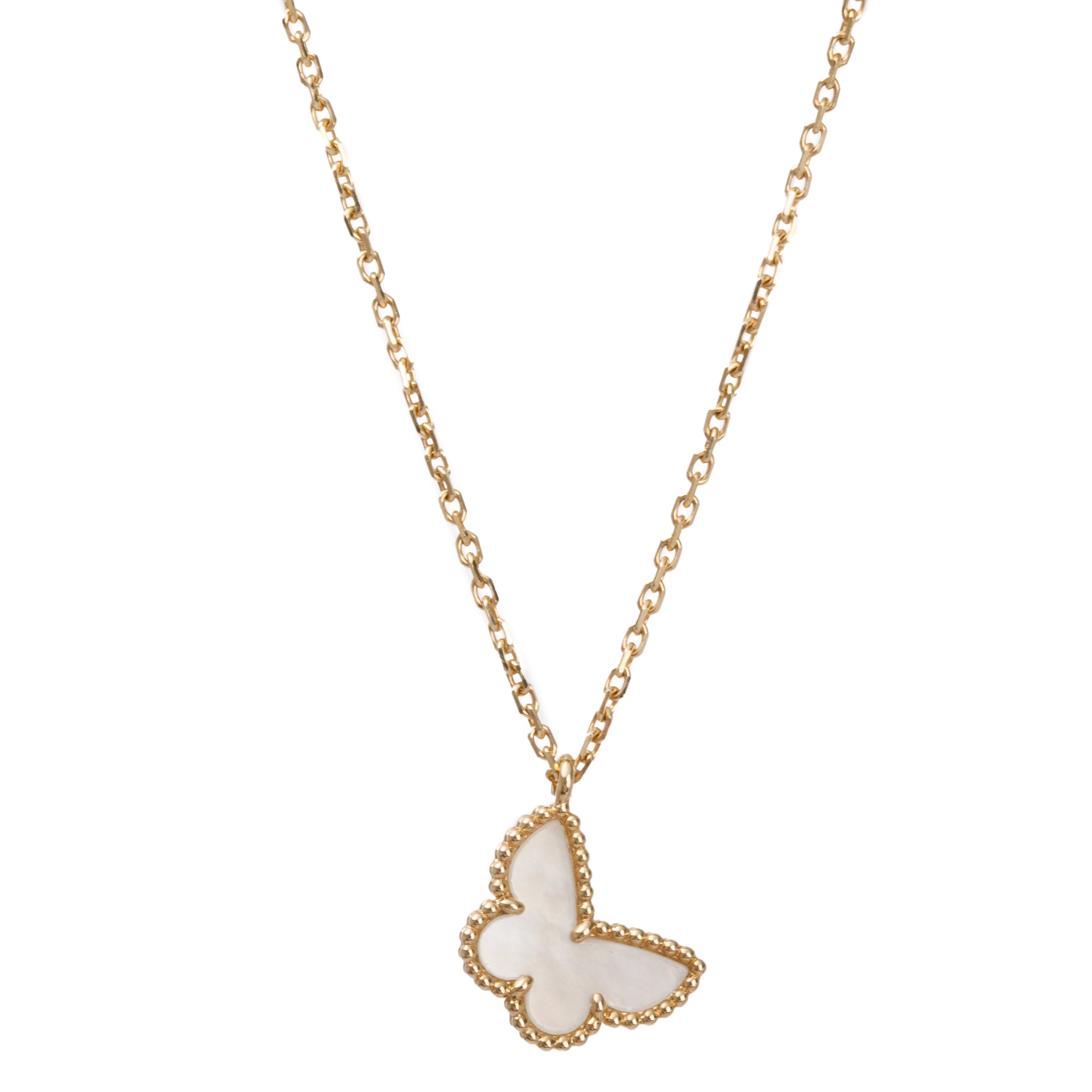 Van Cleef & Arpels 2023 18k Yellow Gold Sweet Alhambra Mother of Pearl Butterfly Pendant Necklace w/ Box, Receipt & Certificate