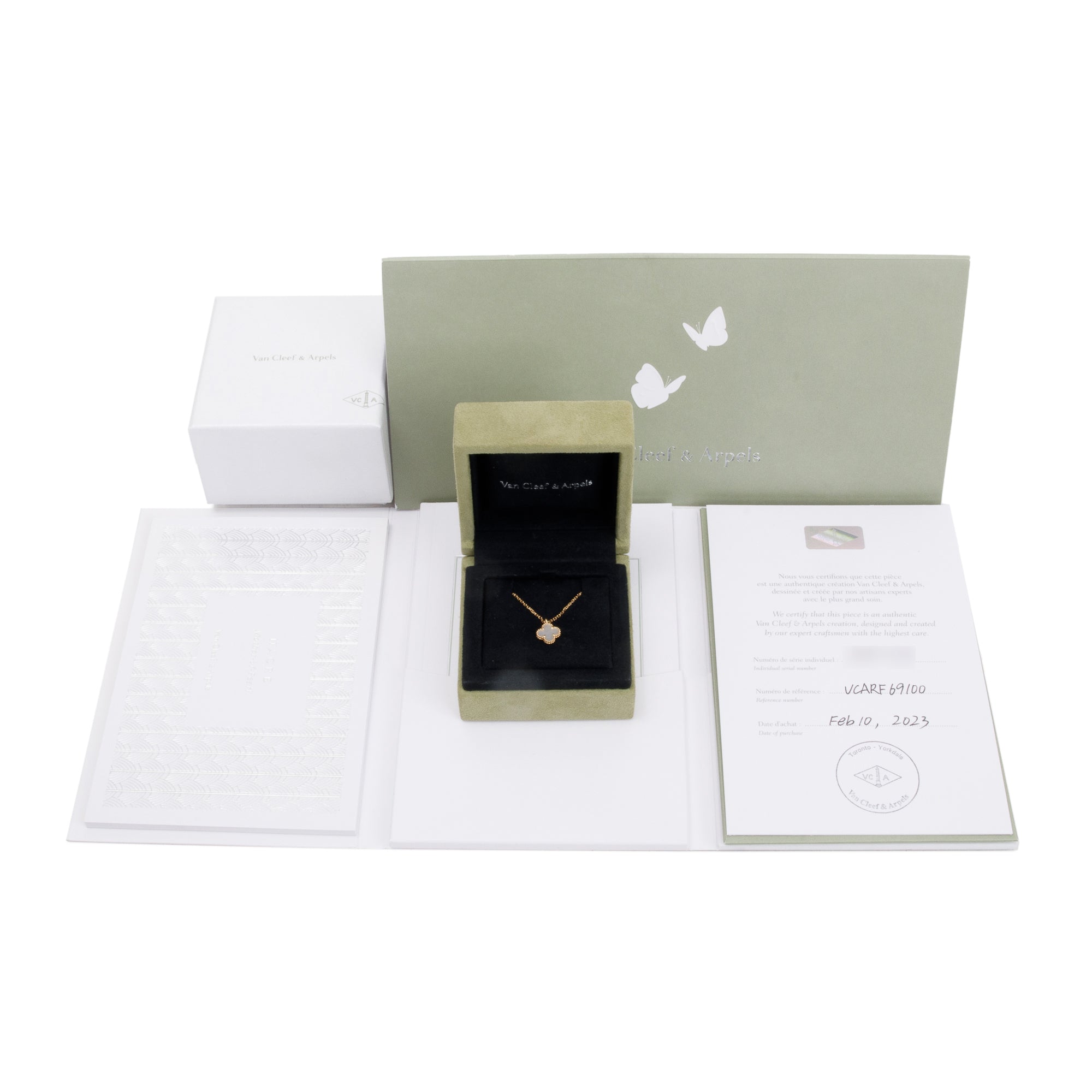 Van Cleef & Arpels 2023 18k Yellow Gold Sweet Alhambra Mother of Pearl Pendant Necklace w/ Box, Receipt & Certificate