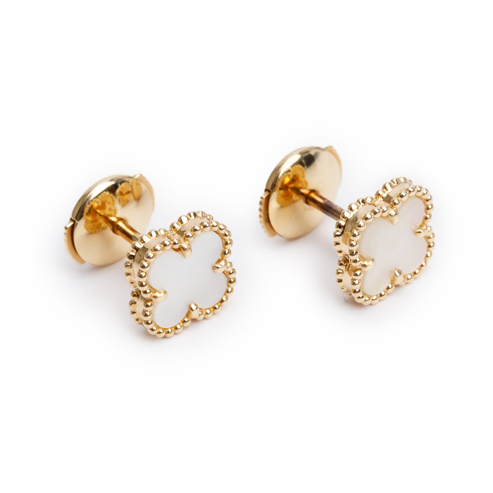 Van Cleef & Arpels 2023 18k Yellow Gold Sweet Alhambra Mother of Pearl Stud Earrings w/ Box & Certificate