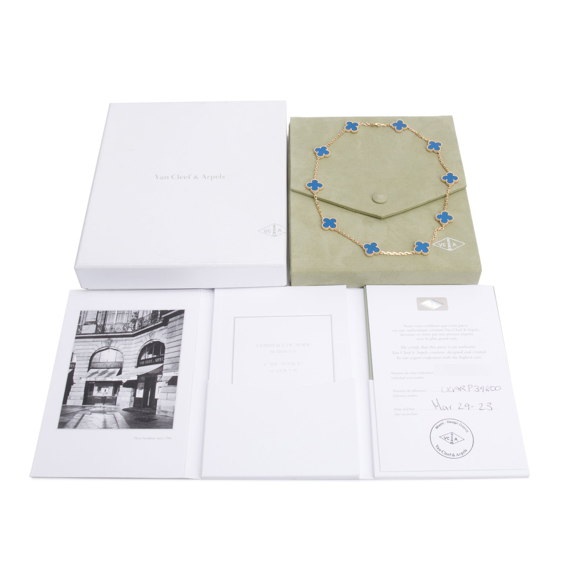 Van Cleef & Arpels 2023 18k Yellow Gold Vintage Alhambra 10 Motif Blue Agate Necklace w/ Box & Certificate