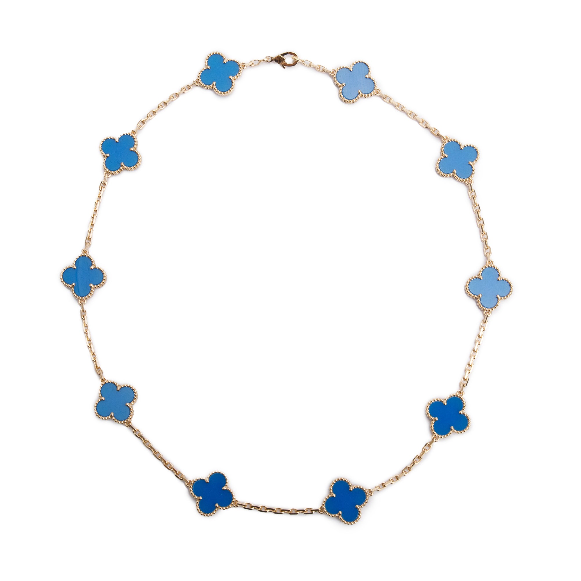Van Cleef & Arpels 2023 18k Yellow Gold Vintage Alhambra 10 Motif Blue Agate Necklace w/ Box & Certificate