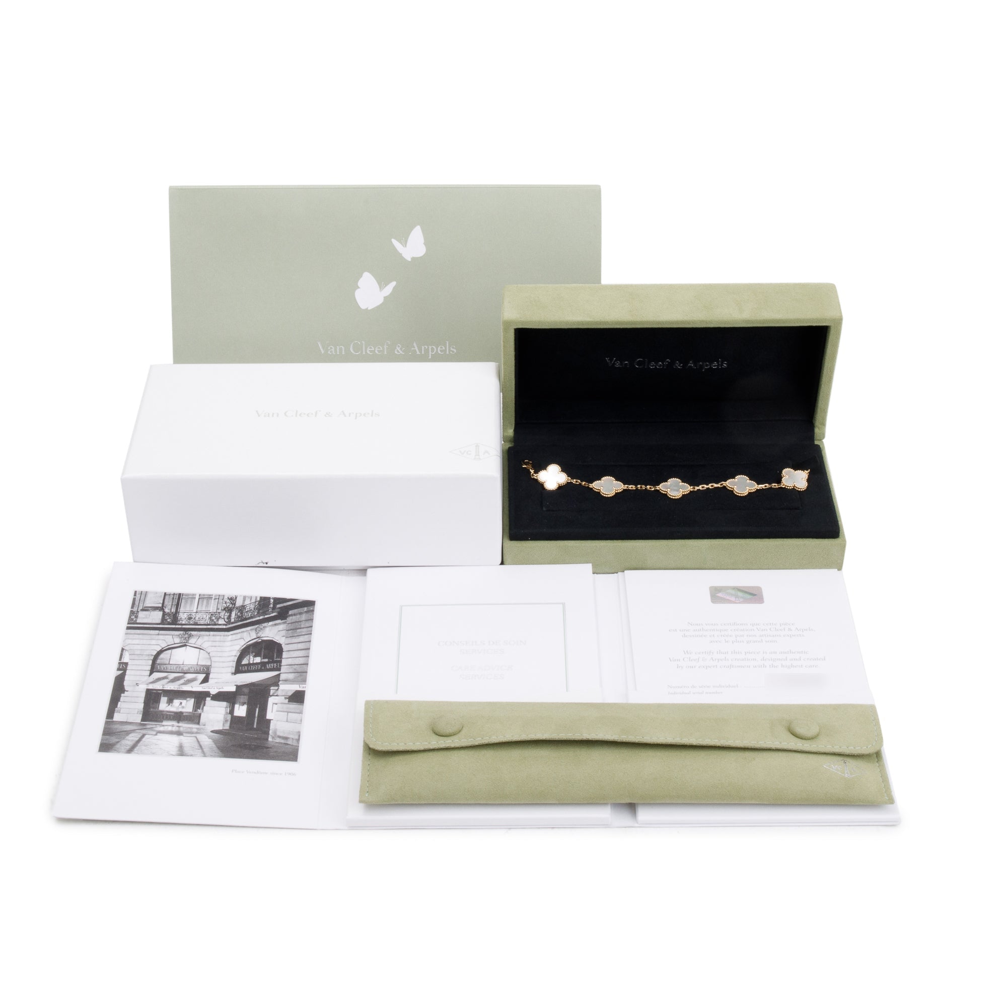 Van Cleef & Arpels 2023 18k Yellow Gold Vintage Alhambra 5 Motif Mother of Pearl Bracelet w/ Box & Papers