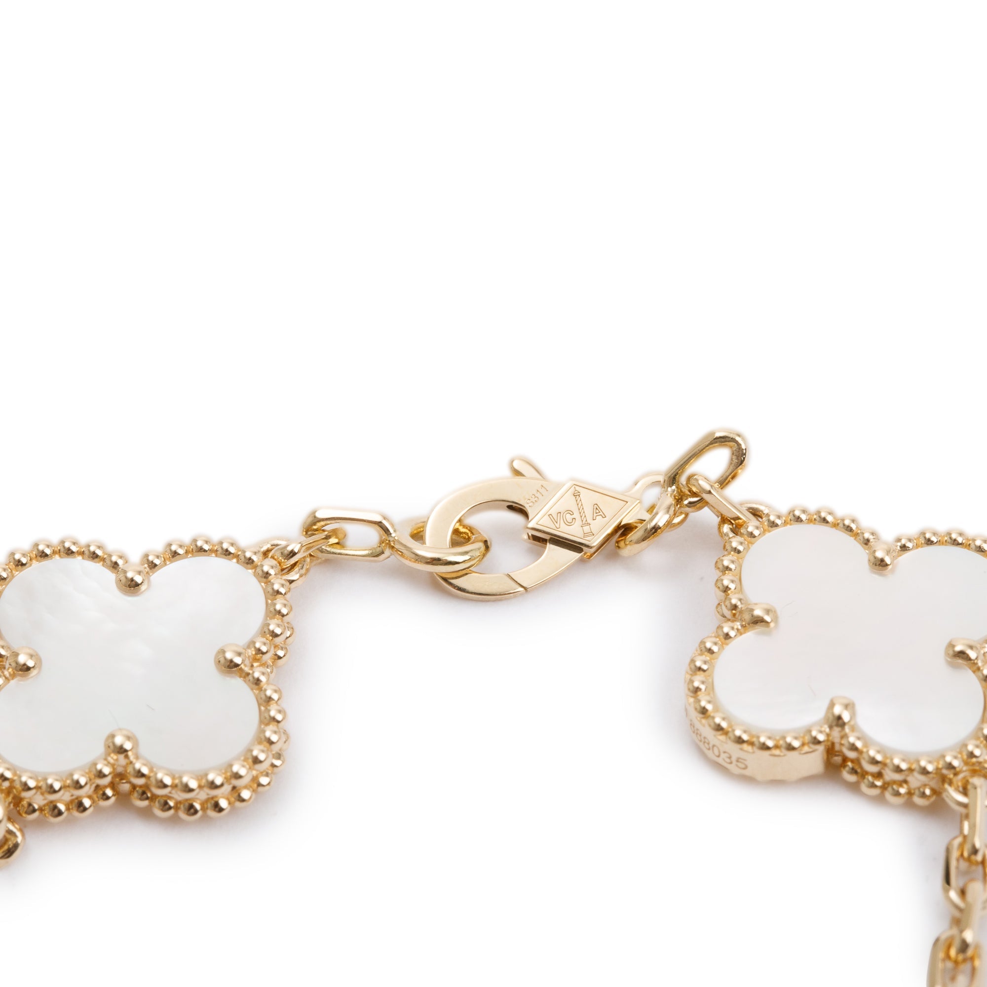 Van Cleef & Arpels 2023 18k Yellow Gold Vintage Alhambra 5 Motif Mother of Pearl Bracelet w/ Box & Papers