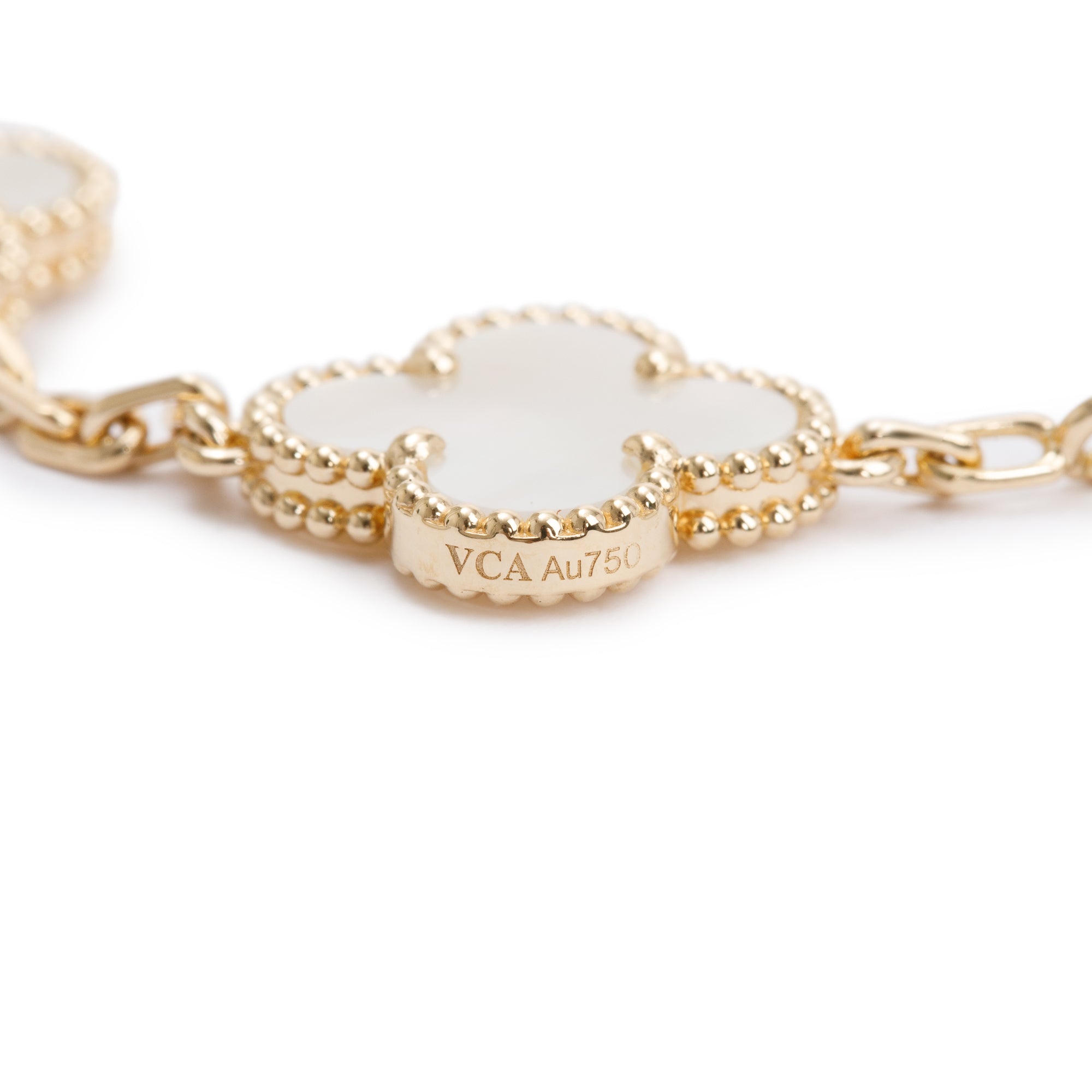 Van Cleef & Arpels 2023 18k Yellow Gold Vintage Alhambra 5 Motif Mother of Pearl Bracelet w/ Box & Papers