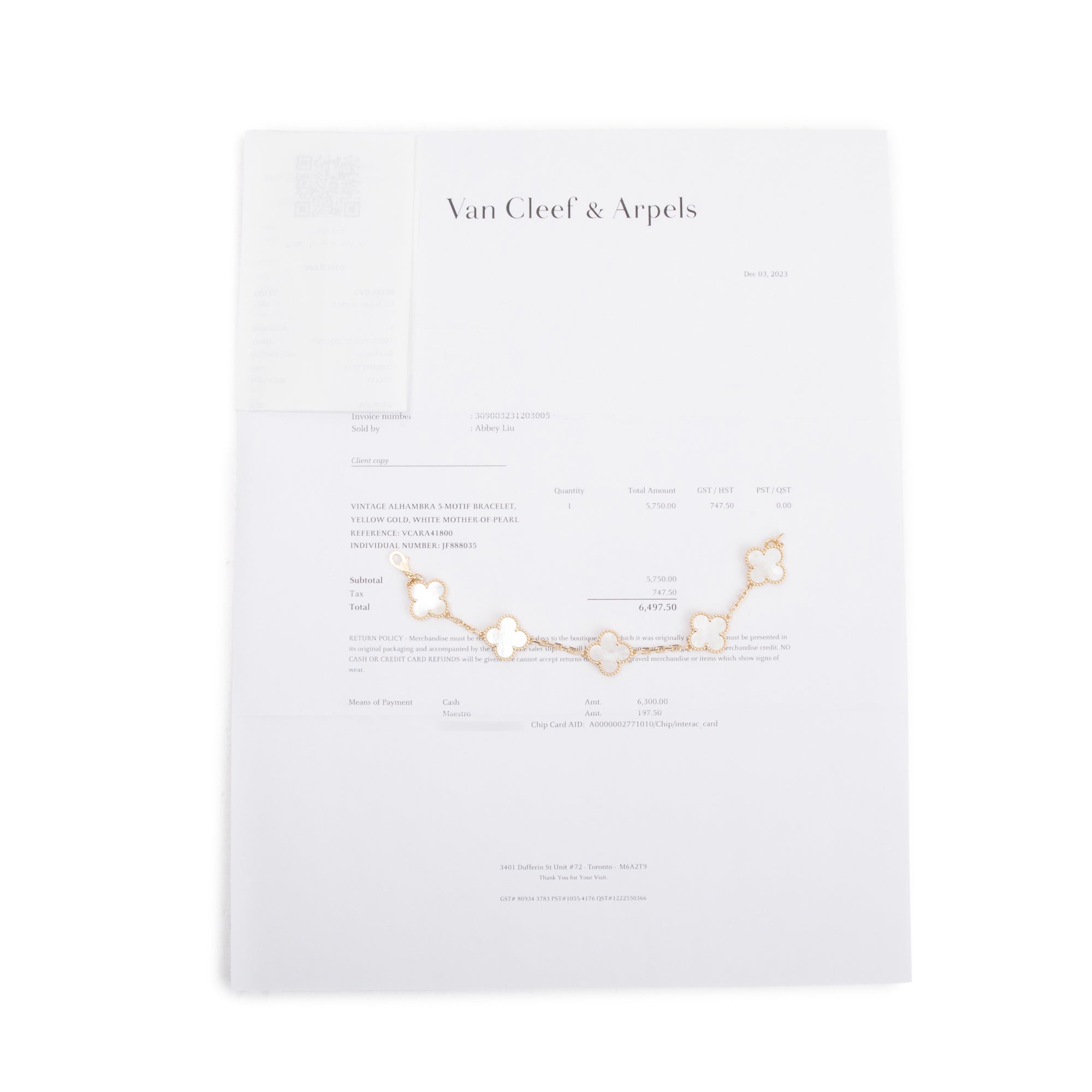 Van Cleef & Arpels 2023 18k Yellow Gold Vintage Alhambra 5 Motif Mother of Pearl Bracelet w/ Box & Papers