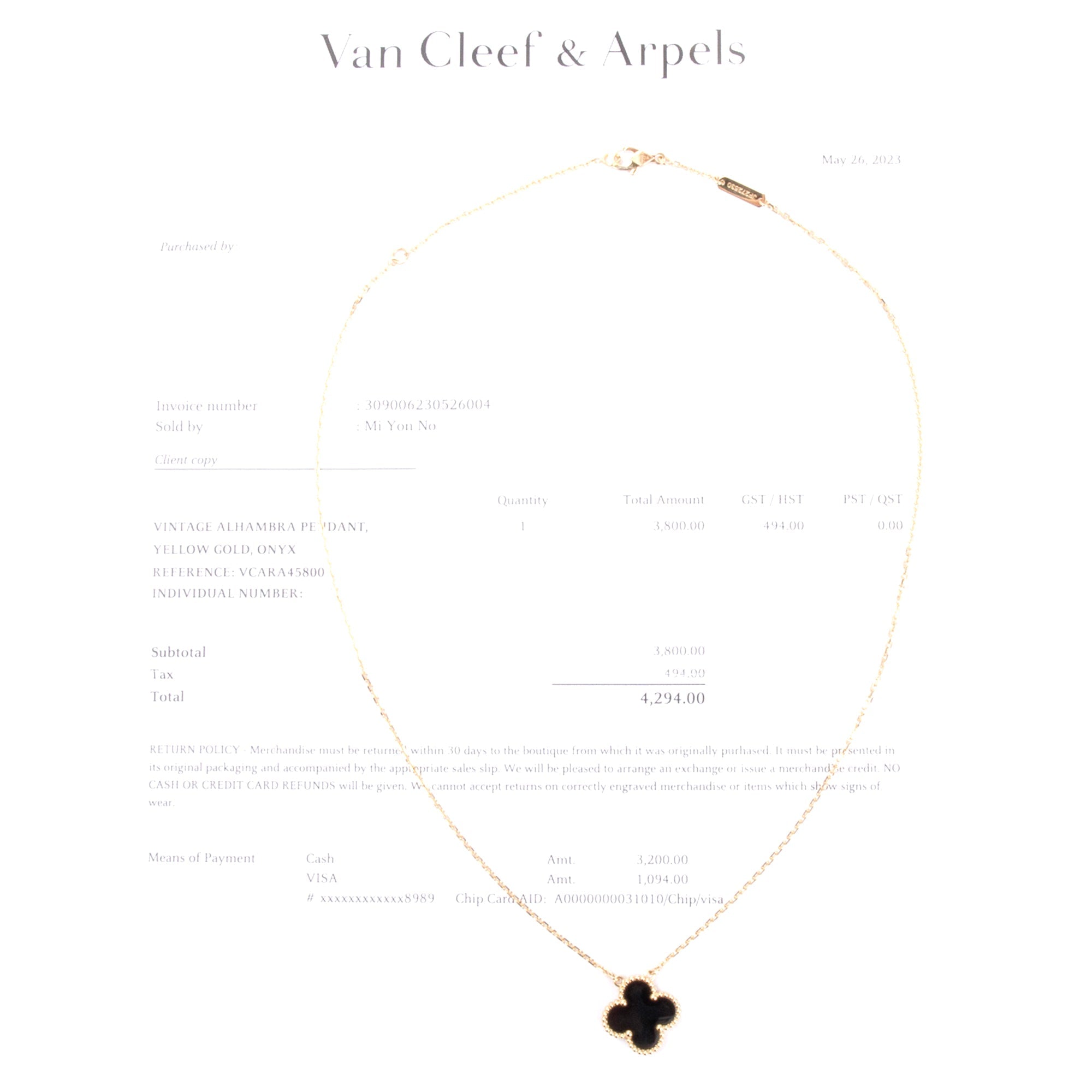 Van Cleef & Arpels 2023 18k Yellow Gold Vintage Alhambra Black Onyx Pendant Necklace w/ Box & Receipt