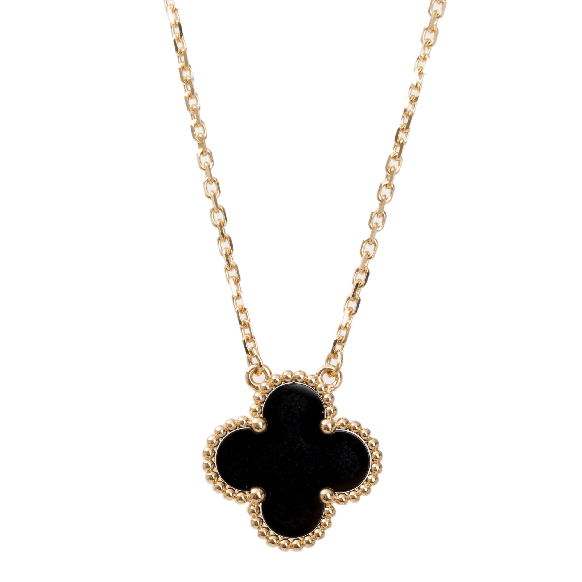 Van Cleef & Arpels 2023 18k Yellow Gold Vintage Alhambra Black Onyx Pendant Necklace w/ Box & Receipt