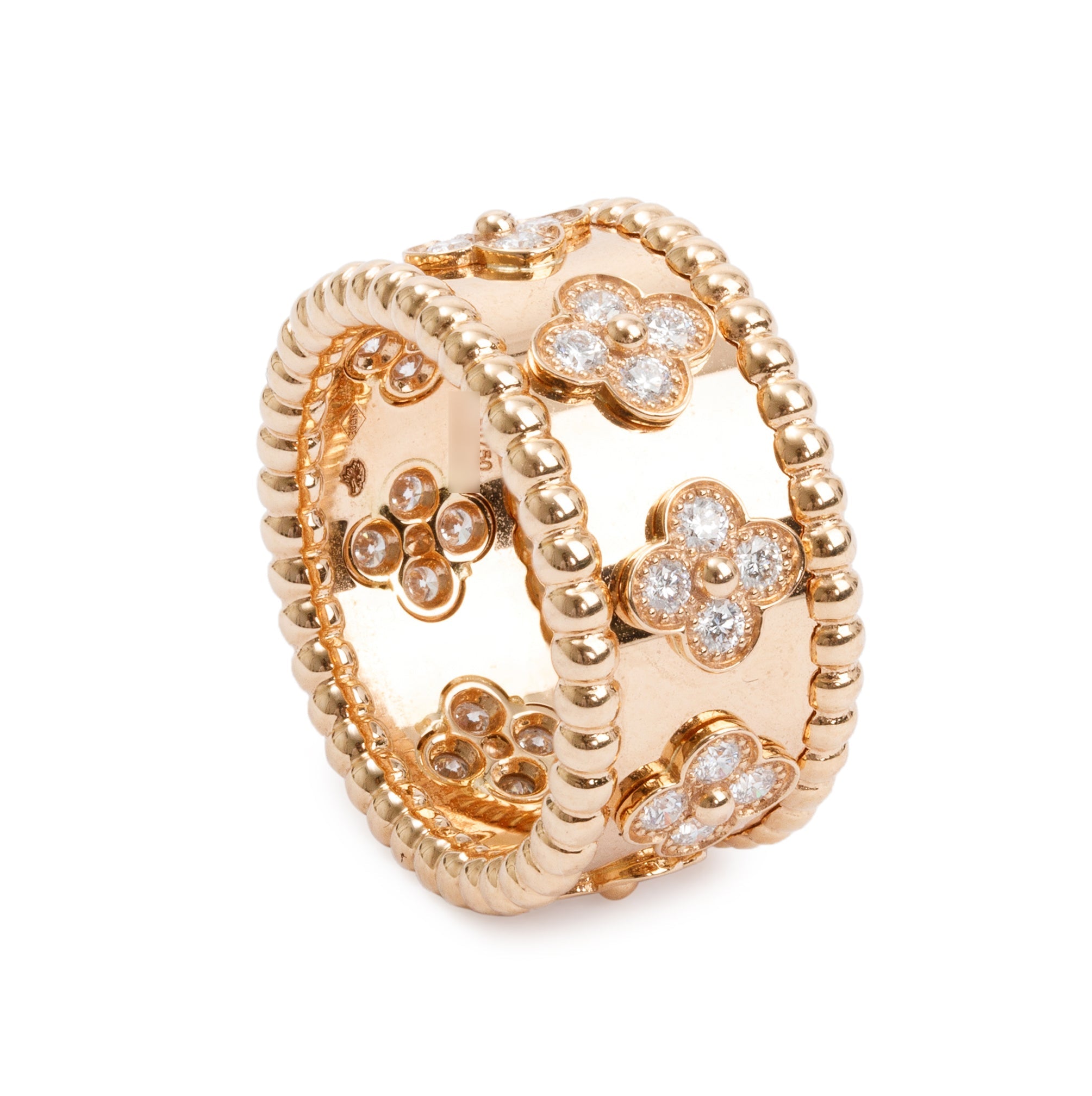Van Cleef & Arpels 2024 18k Rose Gold Diamond Perlee Clovers Ring, Size 53 6.75