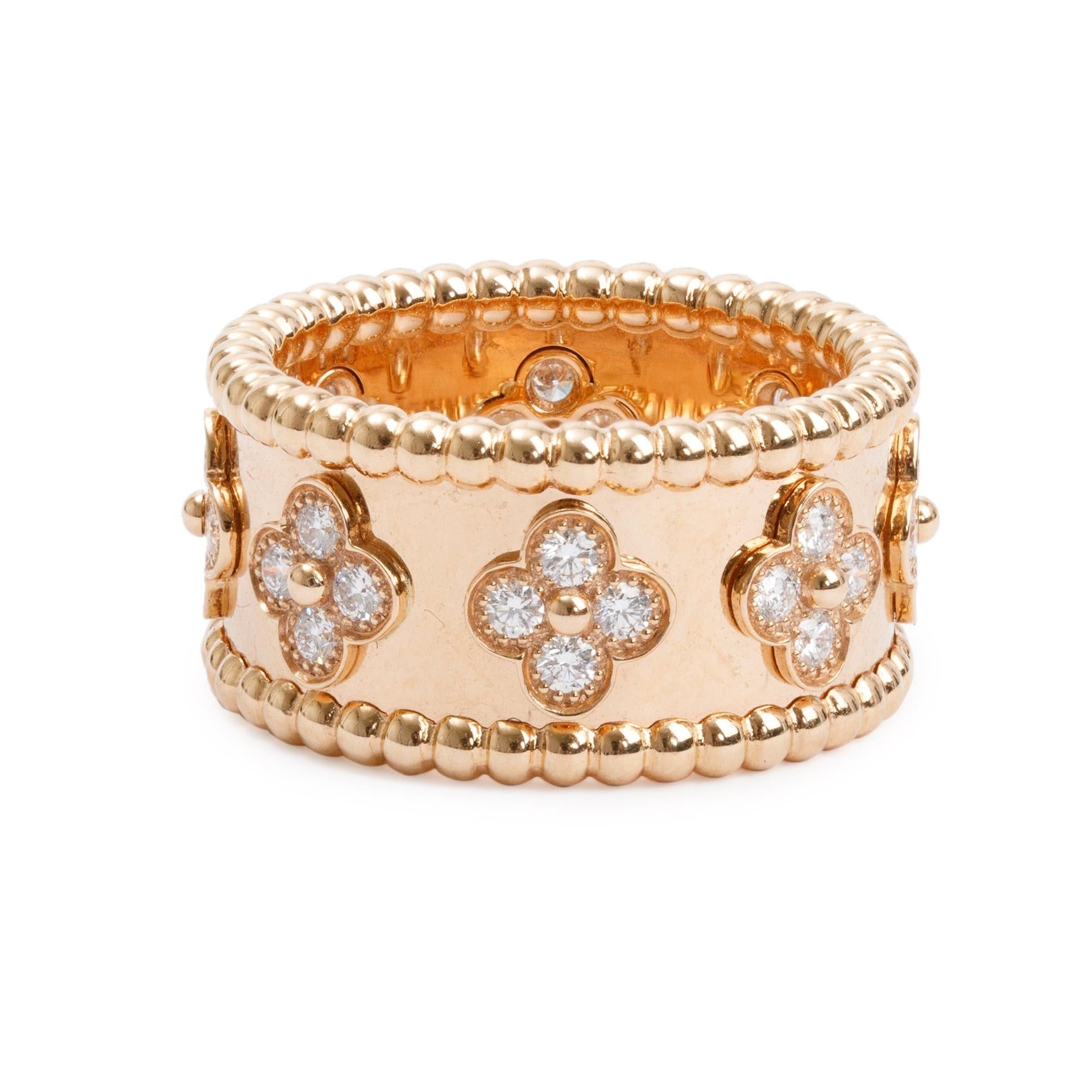 Van Cleef & Arpels 2024 18k Rose Gold Diamond Perlee Clovers Ring, Size 53 6.75