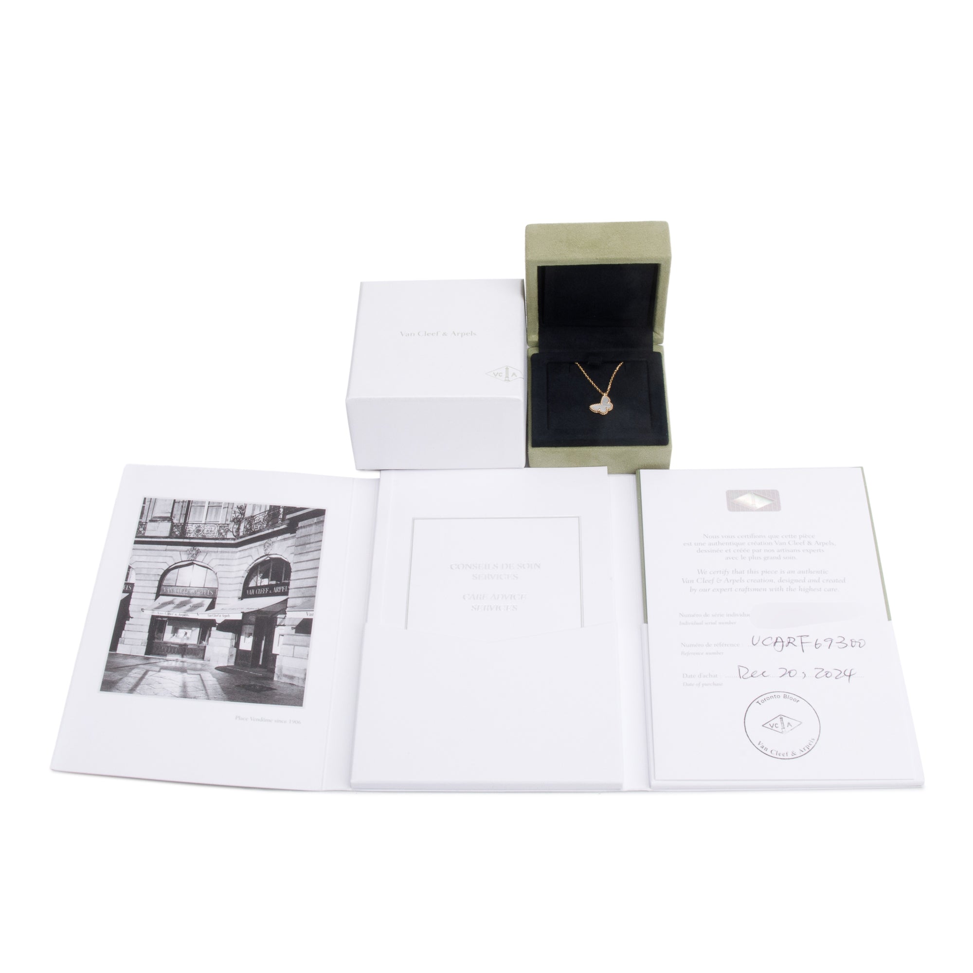 Van Cleef & Arpels 2024 18k Yellow Gold Sweet Alhambra Mother of Pearl Butterfly Pendant Necklace w/ Box, Receipt & Certificate