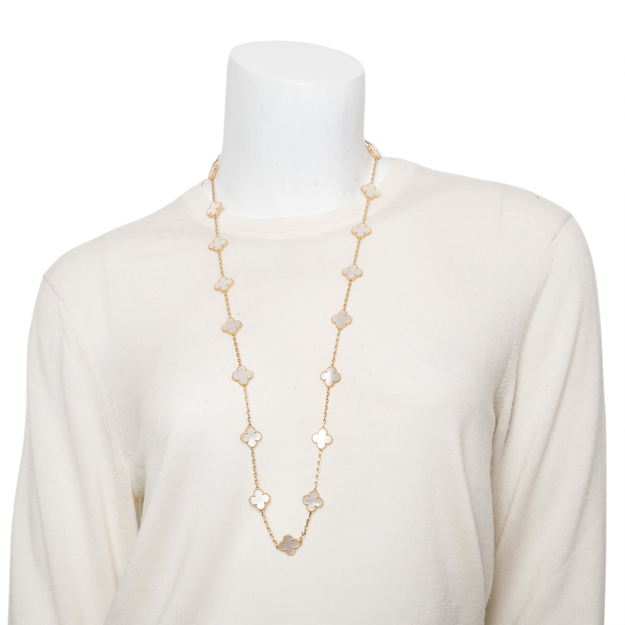 Van Cleef & Arpels 2024 18k Yellow Gold Vintage Alhambra 20 Motif Mother of Pearl Necklace w/ Box & Certificate
