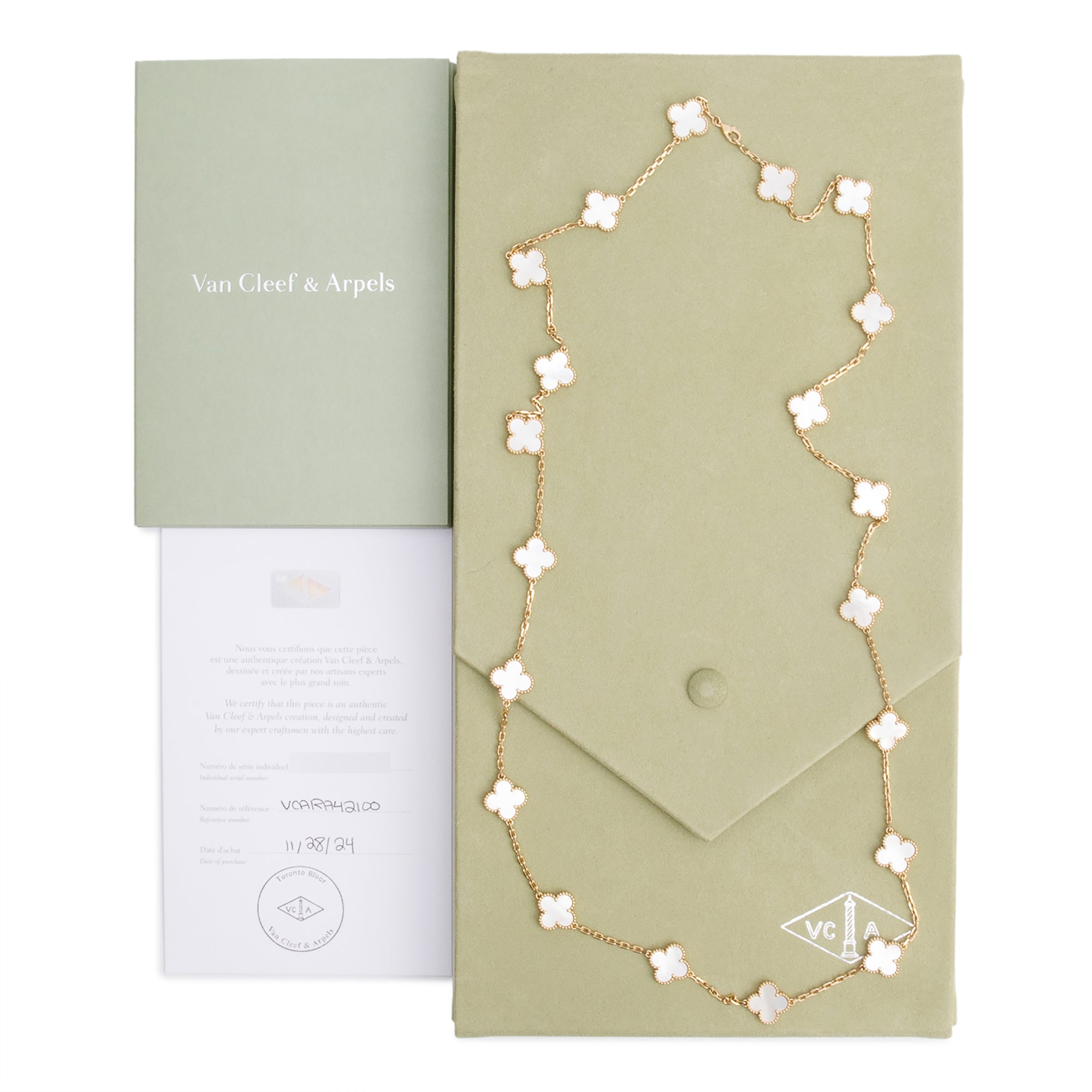 Van Cleef & Arpels 2024 18k Yellow Gold Vintage Alhambra 20 Motif Mother of Pearl Necklace w/ Box & Certificate