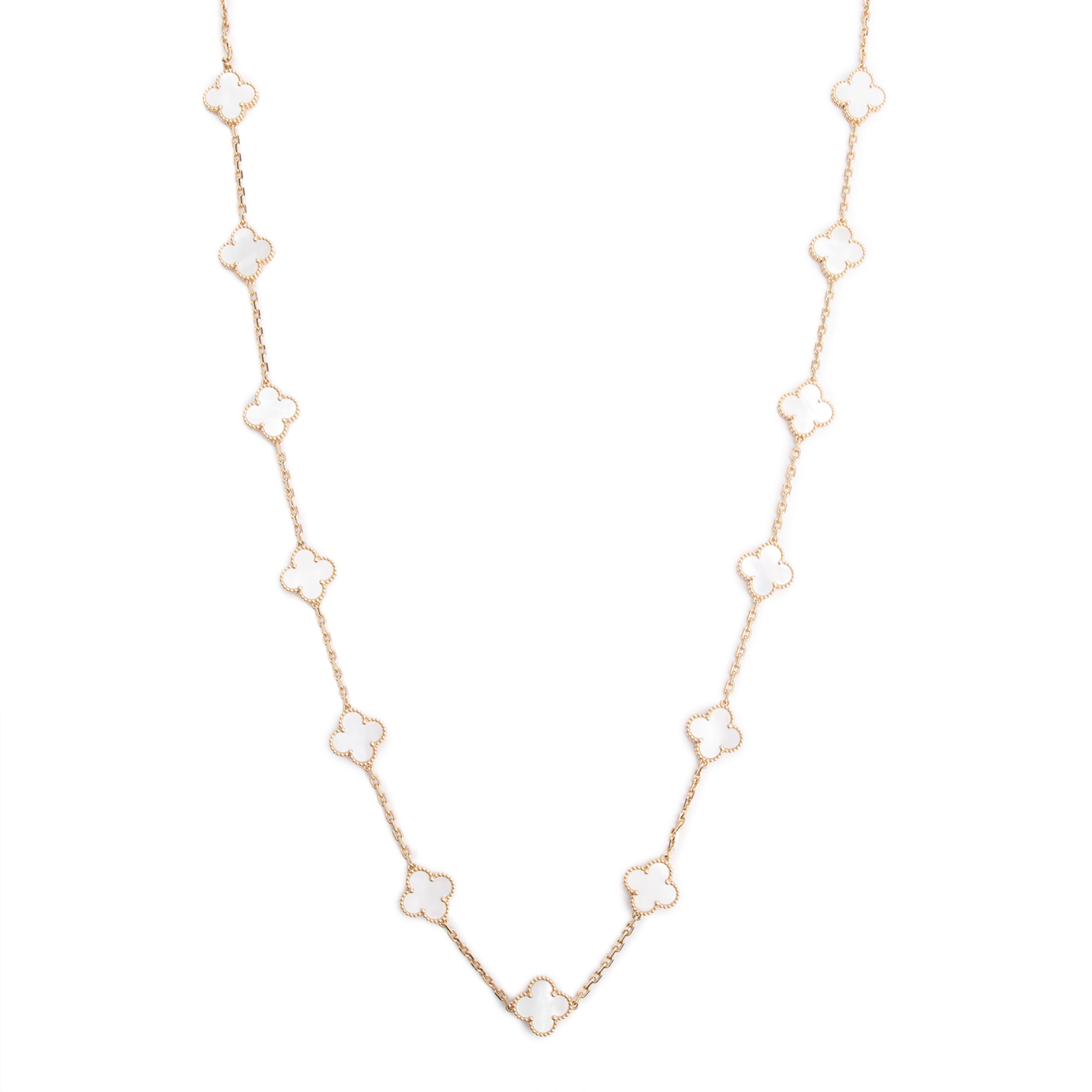 Van Cleef & Arpels 2024 18k Yellow Gold Vintage Alhambra 20 Motif Mother of Pearl Necklace w/ Box & Certificate