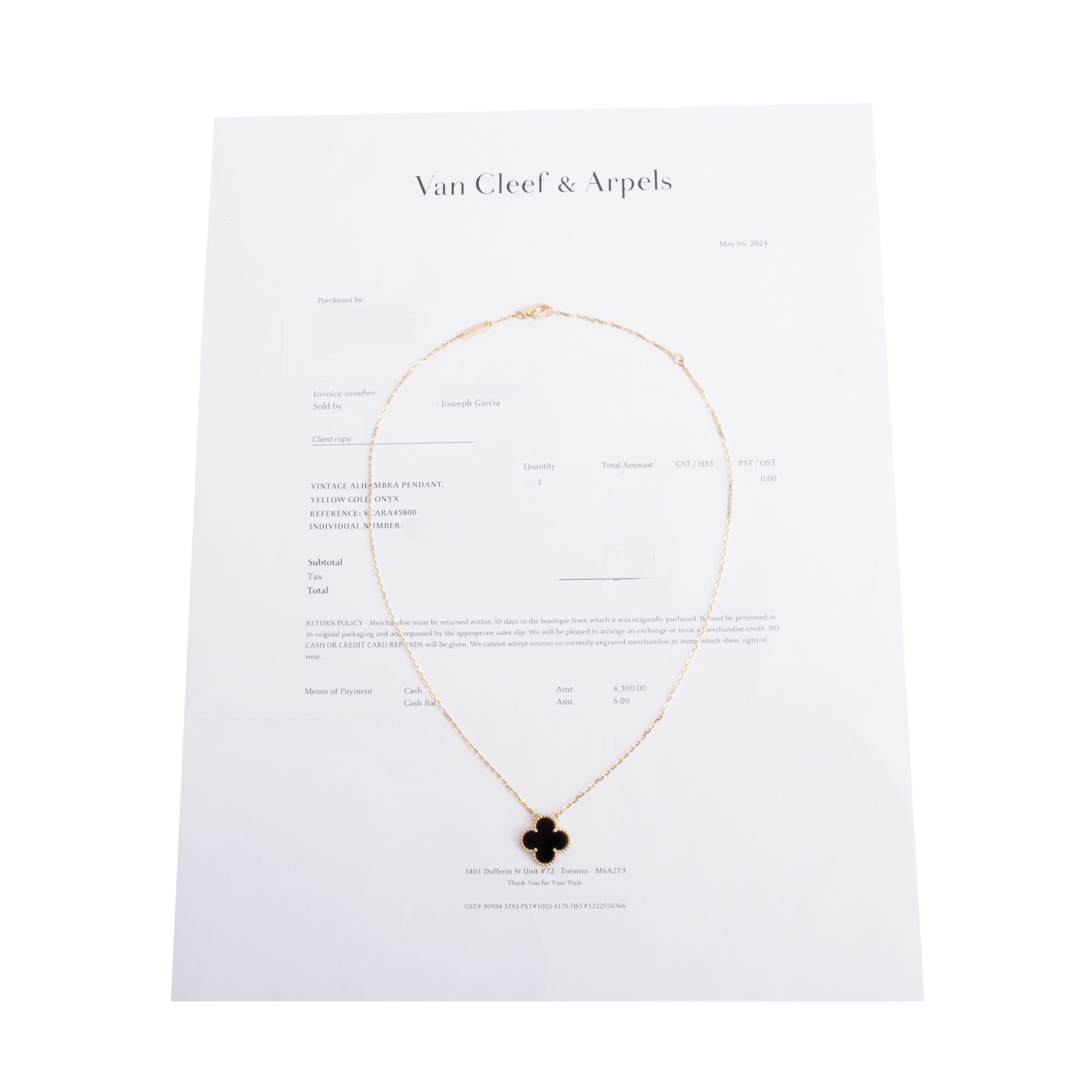 Van Cleef & Arpels 2024 18k Yellow Gold Vintage Alhambra Black Onyx Pendant Necklace w/ Receipt