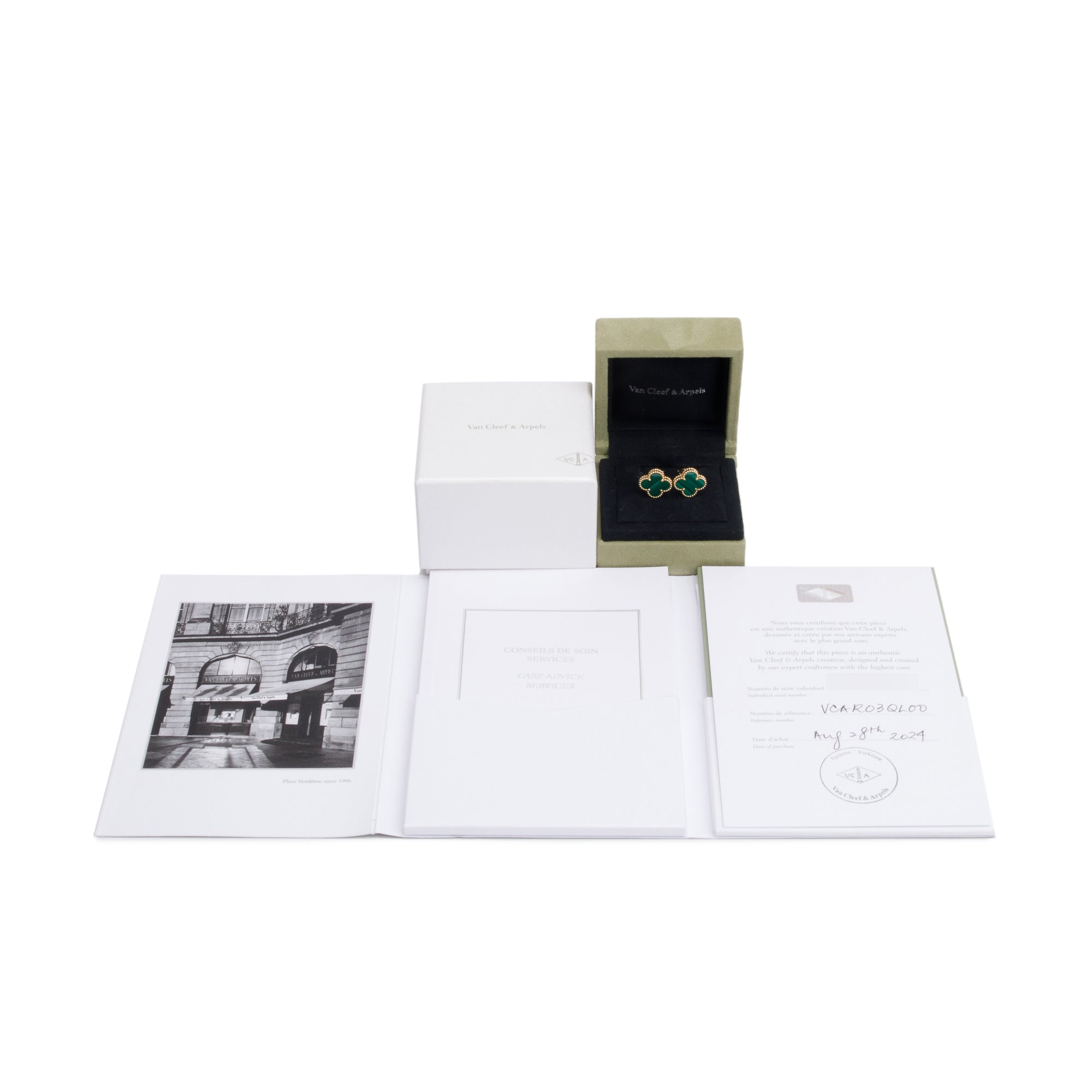 Van Cleef & Arpels 2024 18k Yellow Gold Vintage Alhambra Malachite Stud Earrings w/ Box, Receipt & Certificate