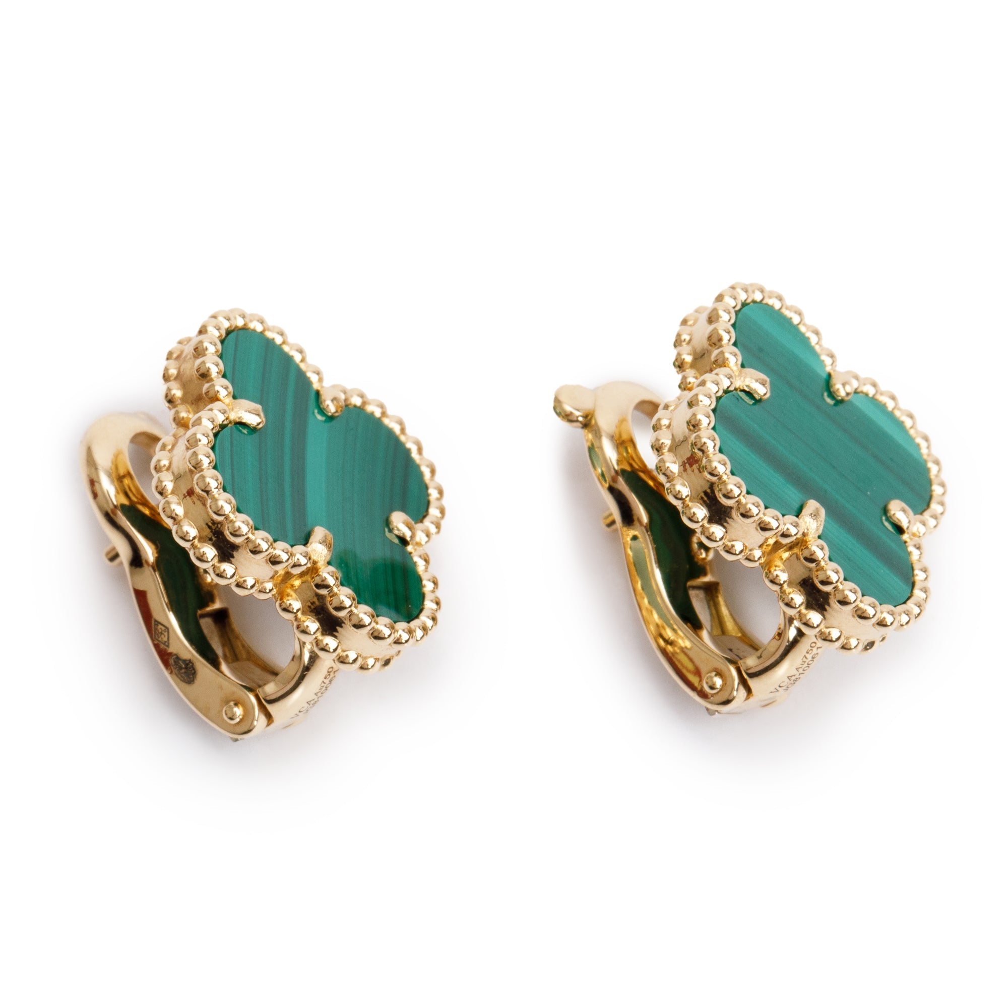 Van Cleef & Arpels 2024 18k Yellow Gold Vintage Alhambra Malachite Stud Earrings w/ Box, Receipt & Certificate