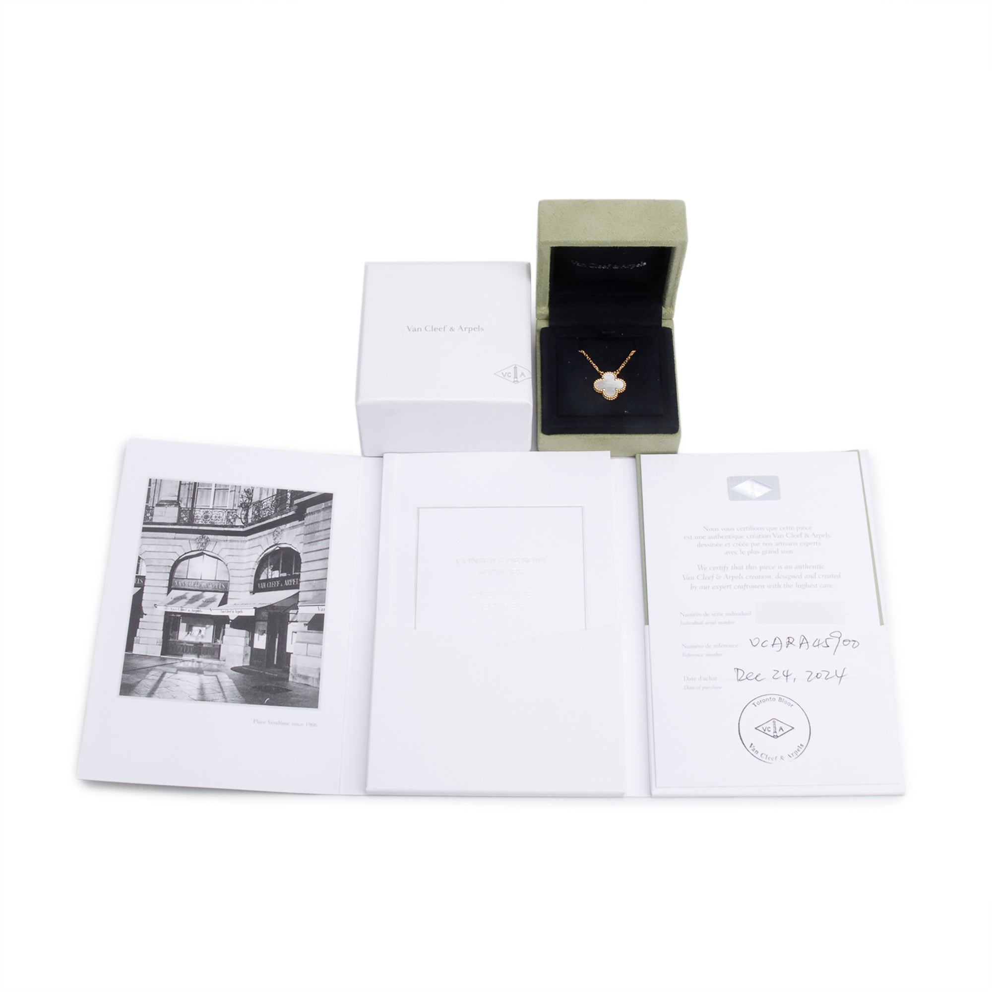 Van Cleef & Arpels 2024 18k Yellow Gold Vintage Alhambra Mother of Pearl Pendant Necklace w/ Box, Certificate & Receipt