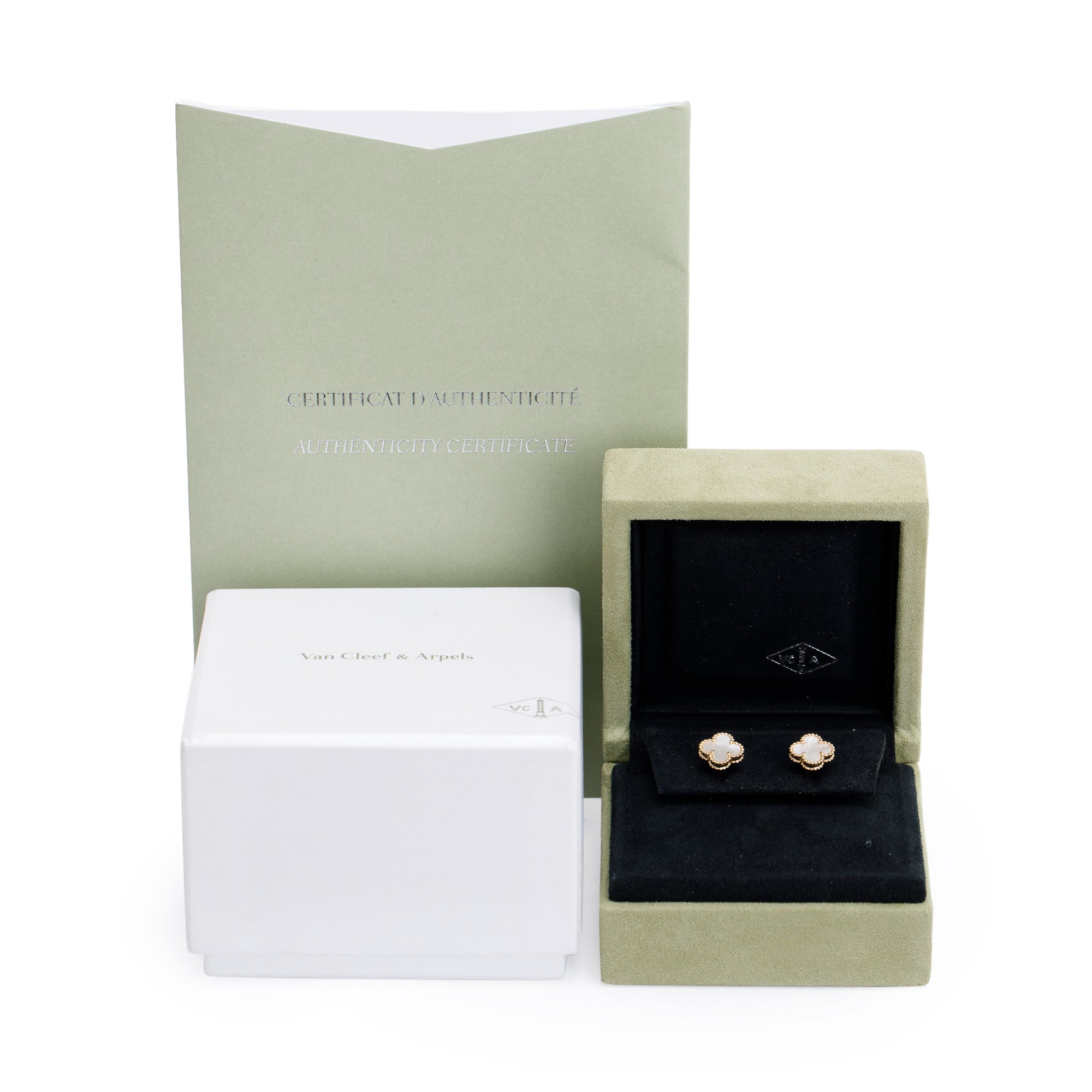 Van Cleef & Arpels Sweet Alhambra Mother of Pearl Stud Earrings w/ Box & Certificate