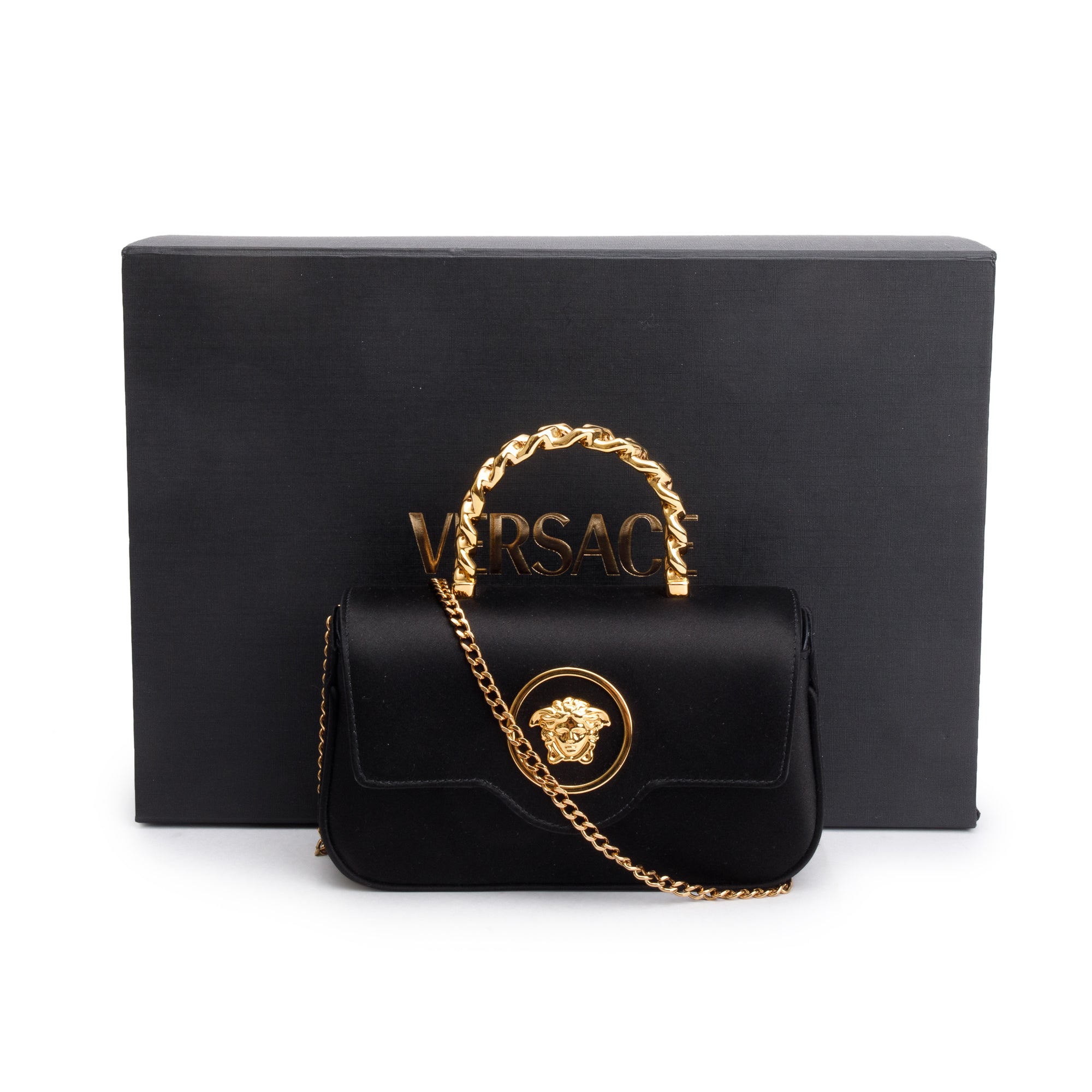 Versace 2024 Black Satin La Medusa Mini Handle Bag w/ Strap, Box & Receipt