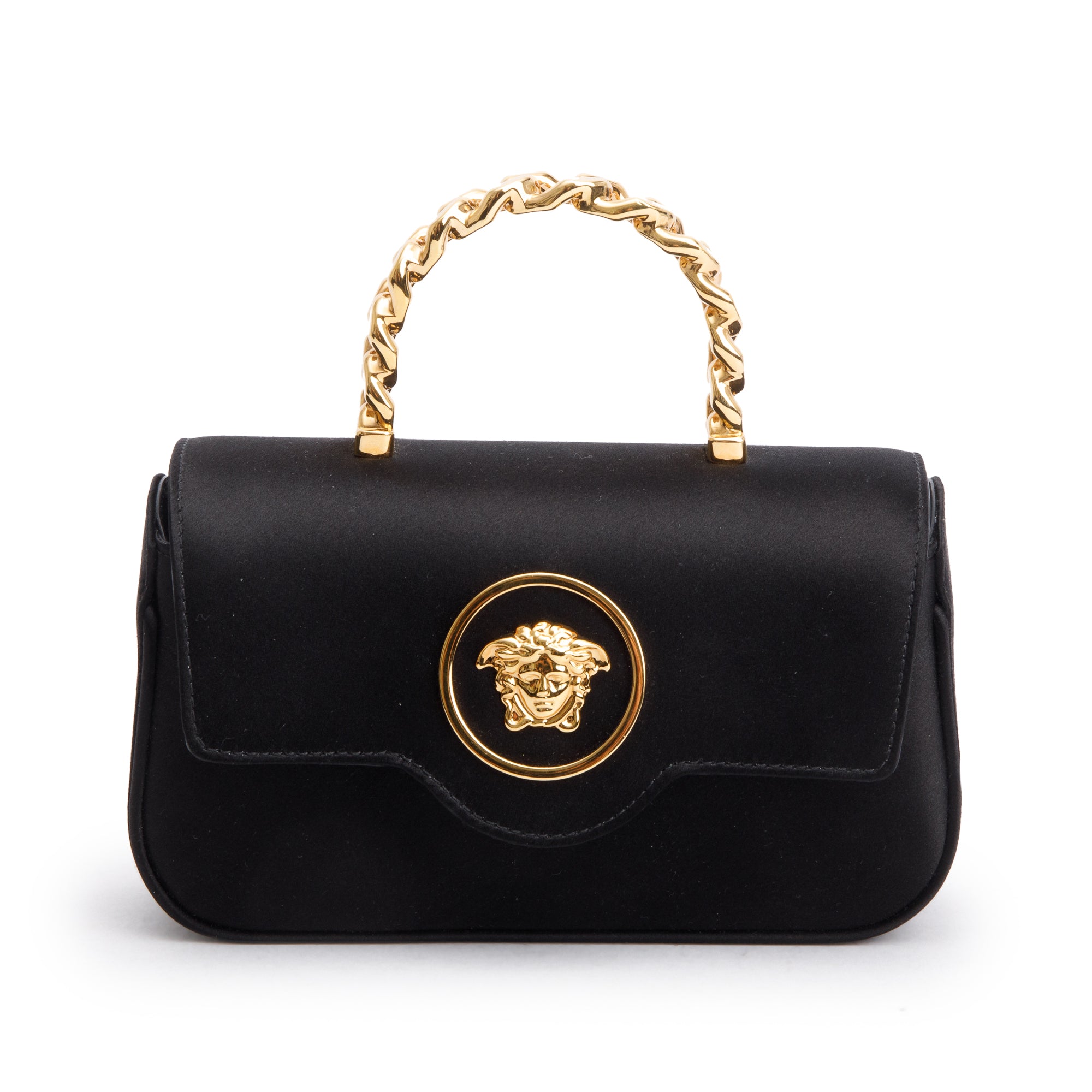 Versace 2024 Black Satin La Medusa Mini Handle Bag w/ Strap, Box & Receipt