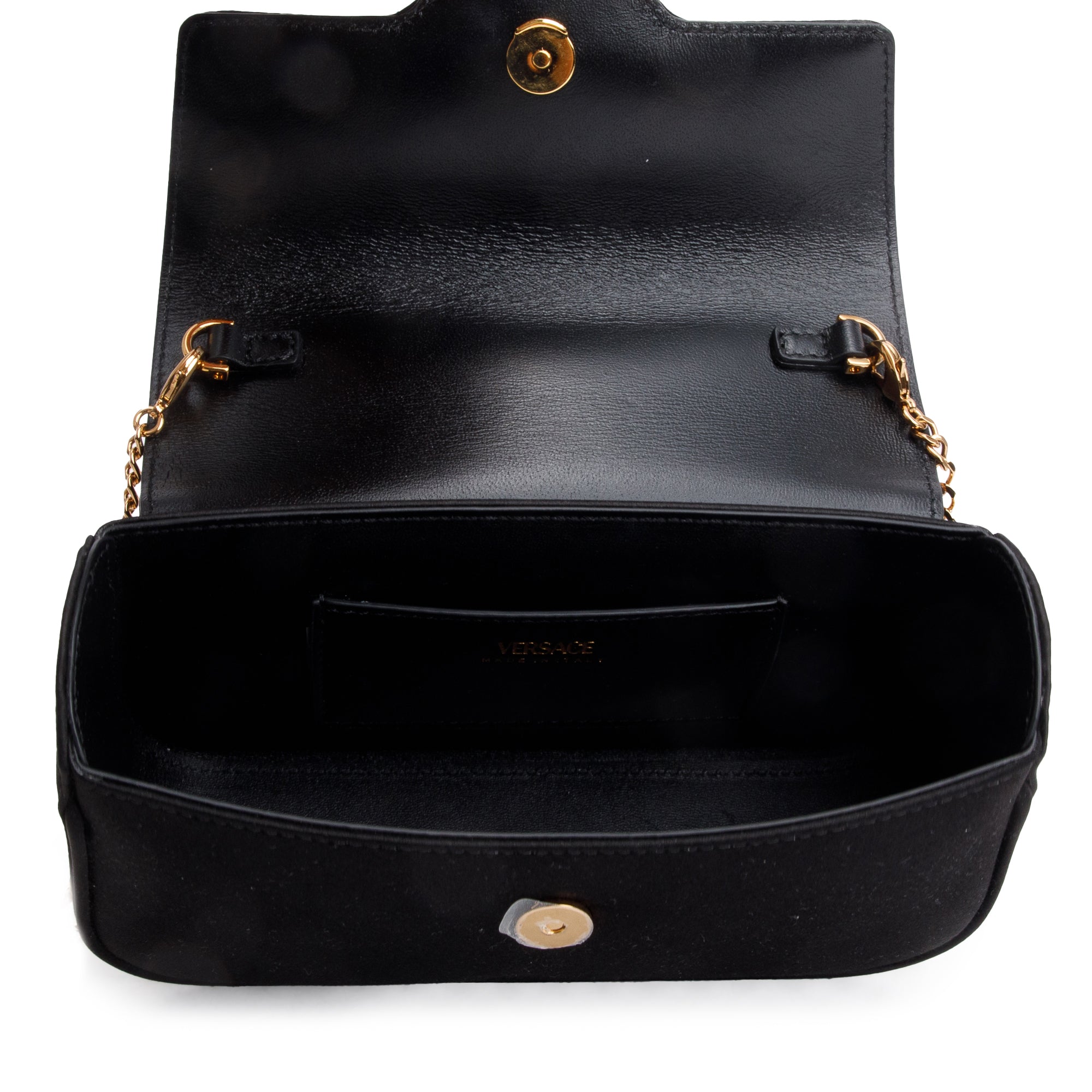 Versace 2024 Black Satin La Medusa Mini Handle Bag w/ Strap, Box & Receipt