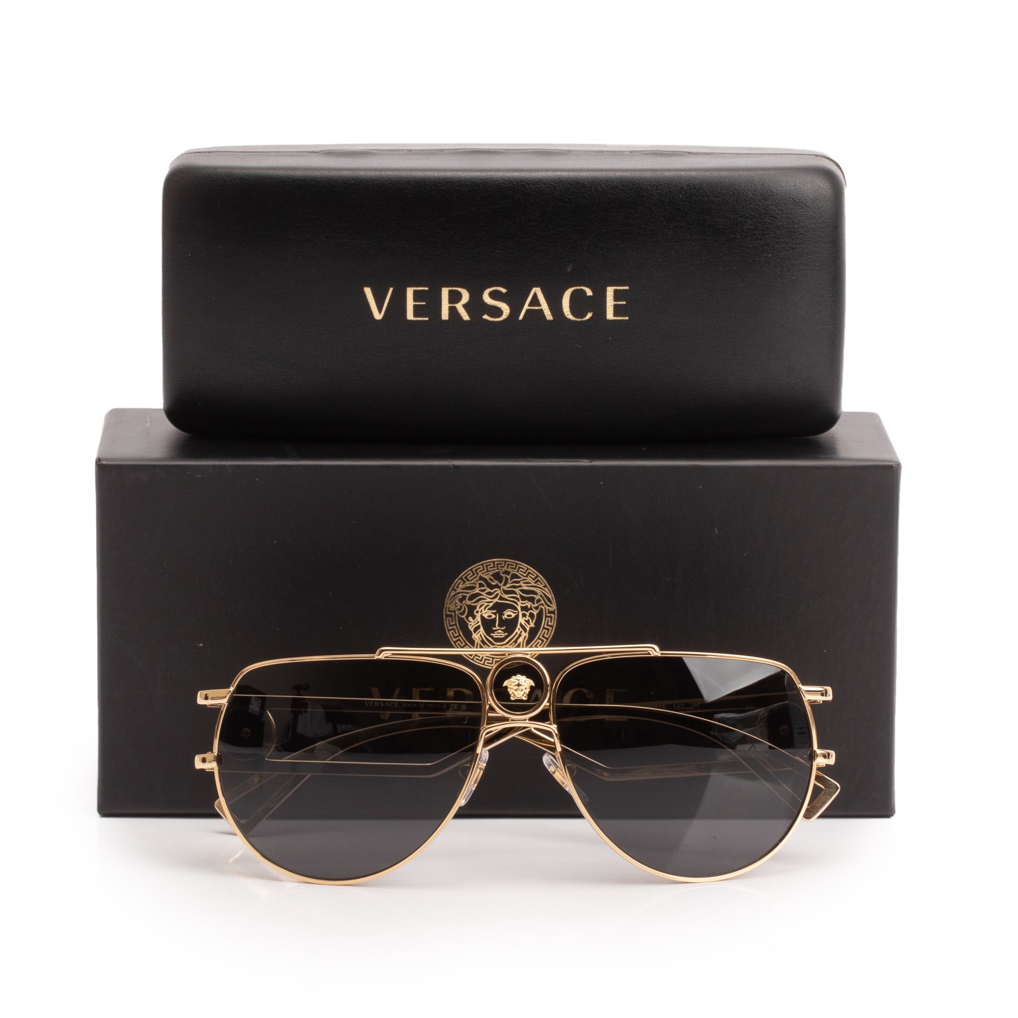 Versace 2225 Gold Tone Metal Medusa Navigator Aviator Sunglasses w/ Box & Case