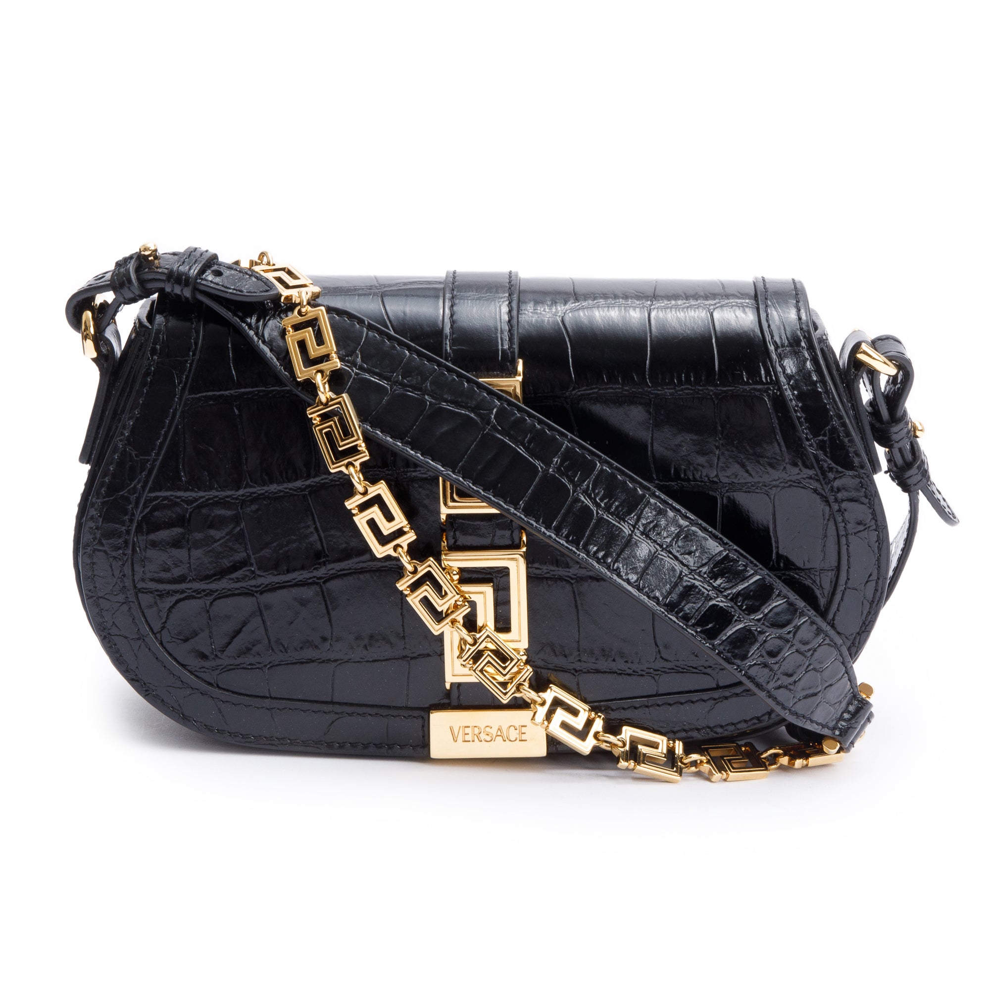 Versace Black Croc-Effect Leather Medium Greca Goddess Shoulder Bag w/ Straps