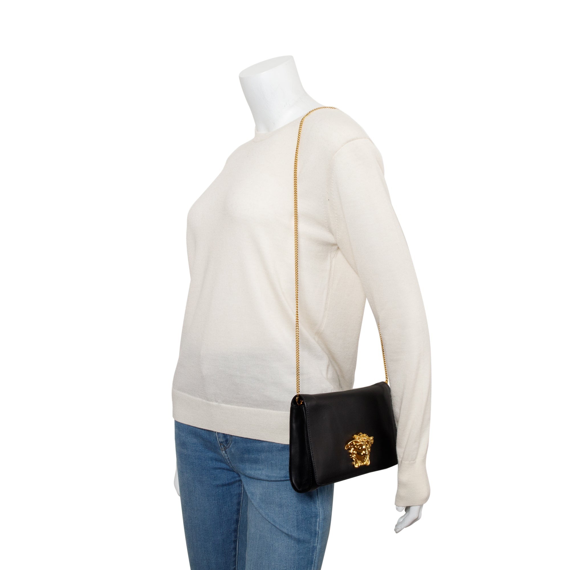 Versace Black Leather La Medusa Chain Clutch Bag