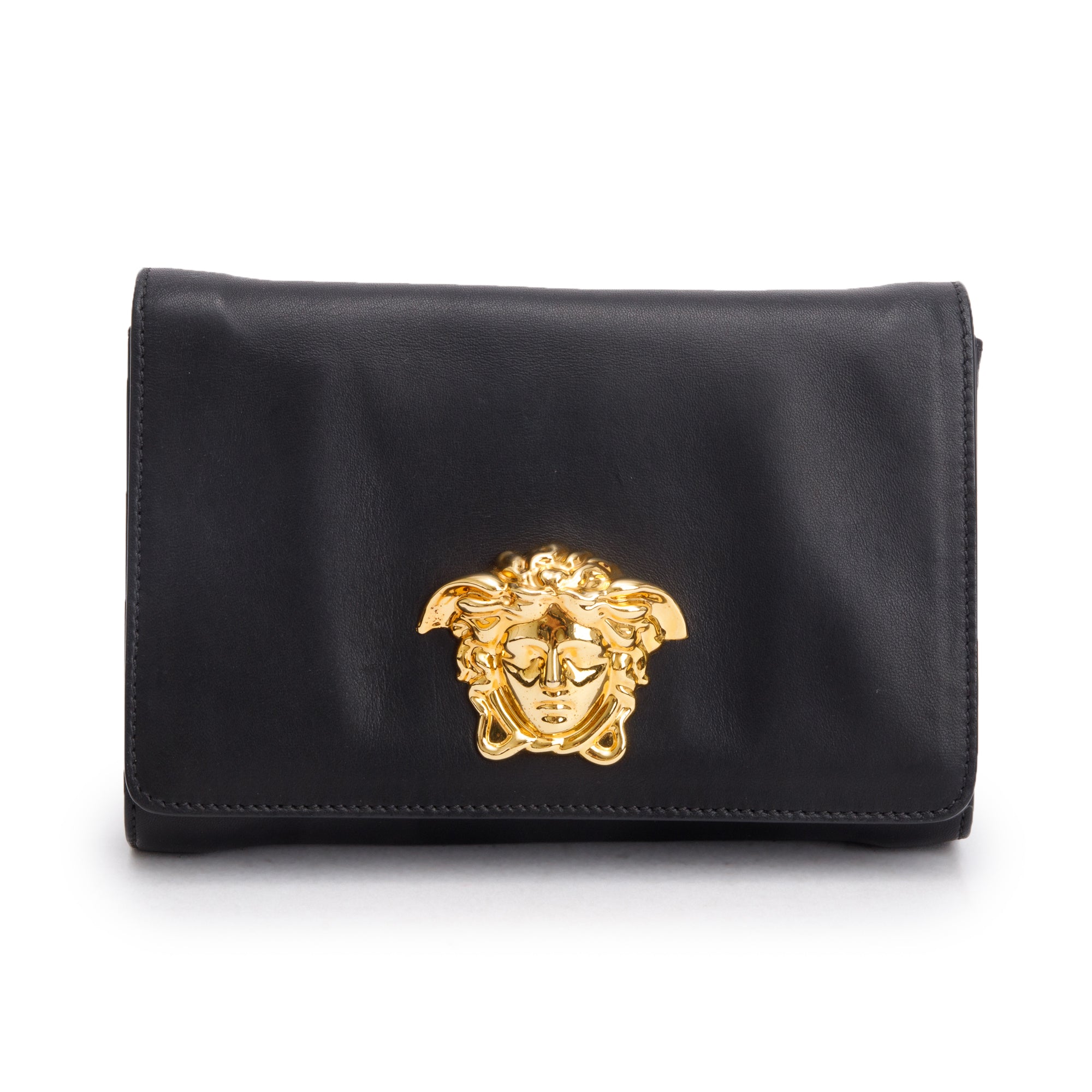Versace Black Leather La Medusa Chain Clutch Bag