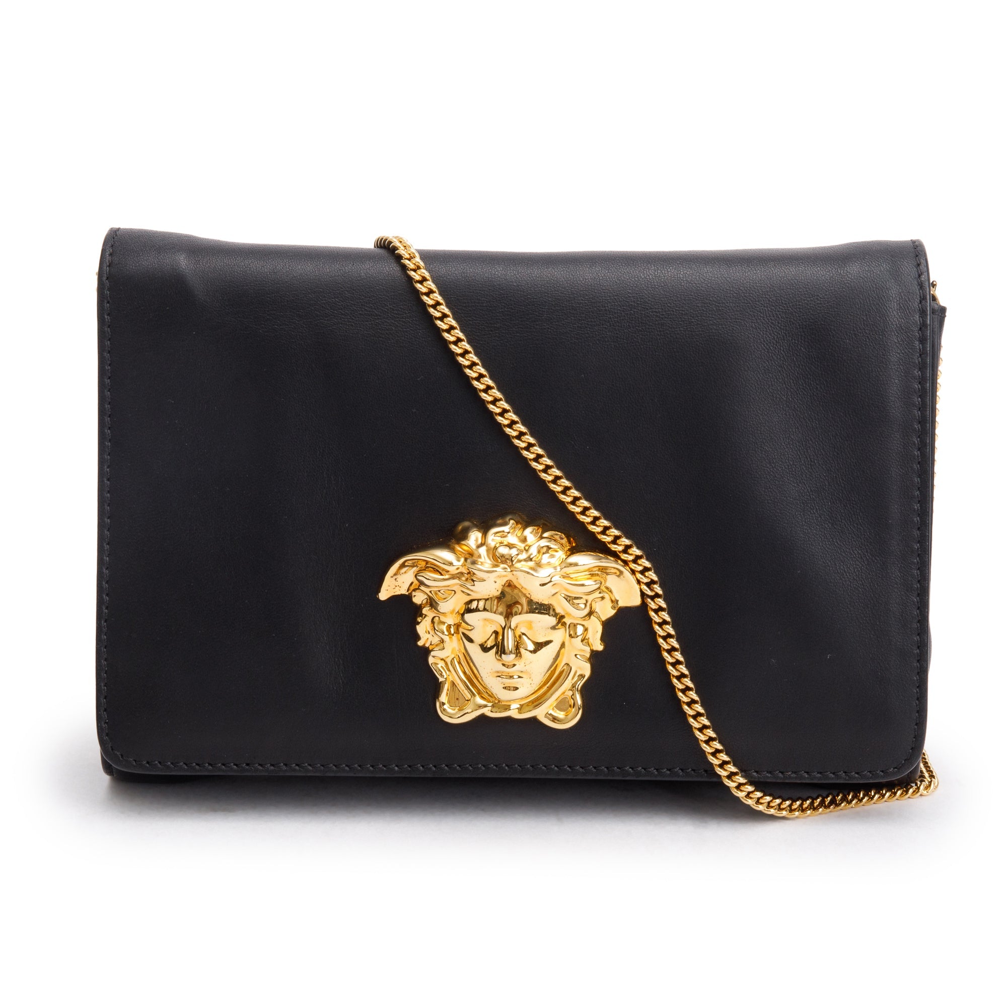 Versace Black Leather La Medusa Chain Clutch Bag