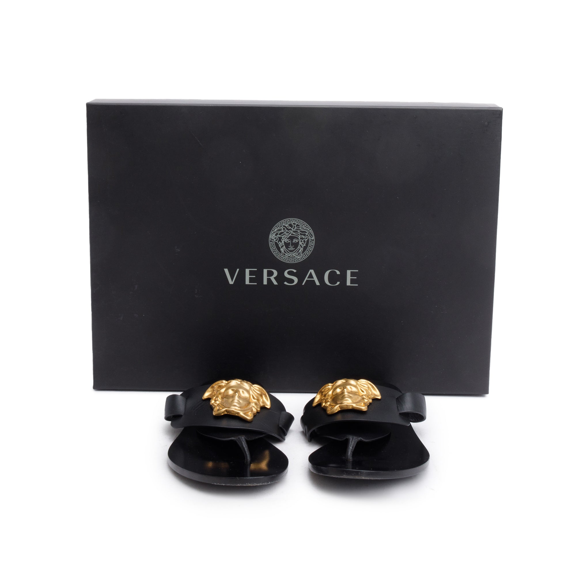 Versace Black Leather Medusa Thong Flat Sandals, Size 37 w/ Box