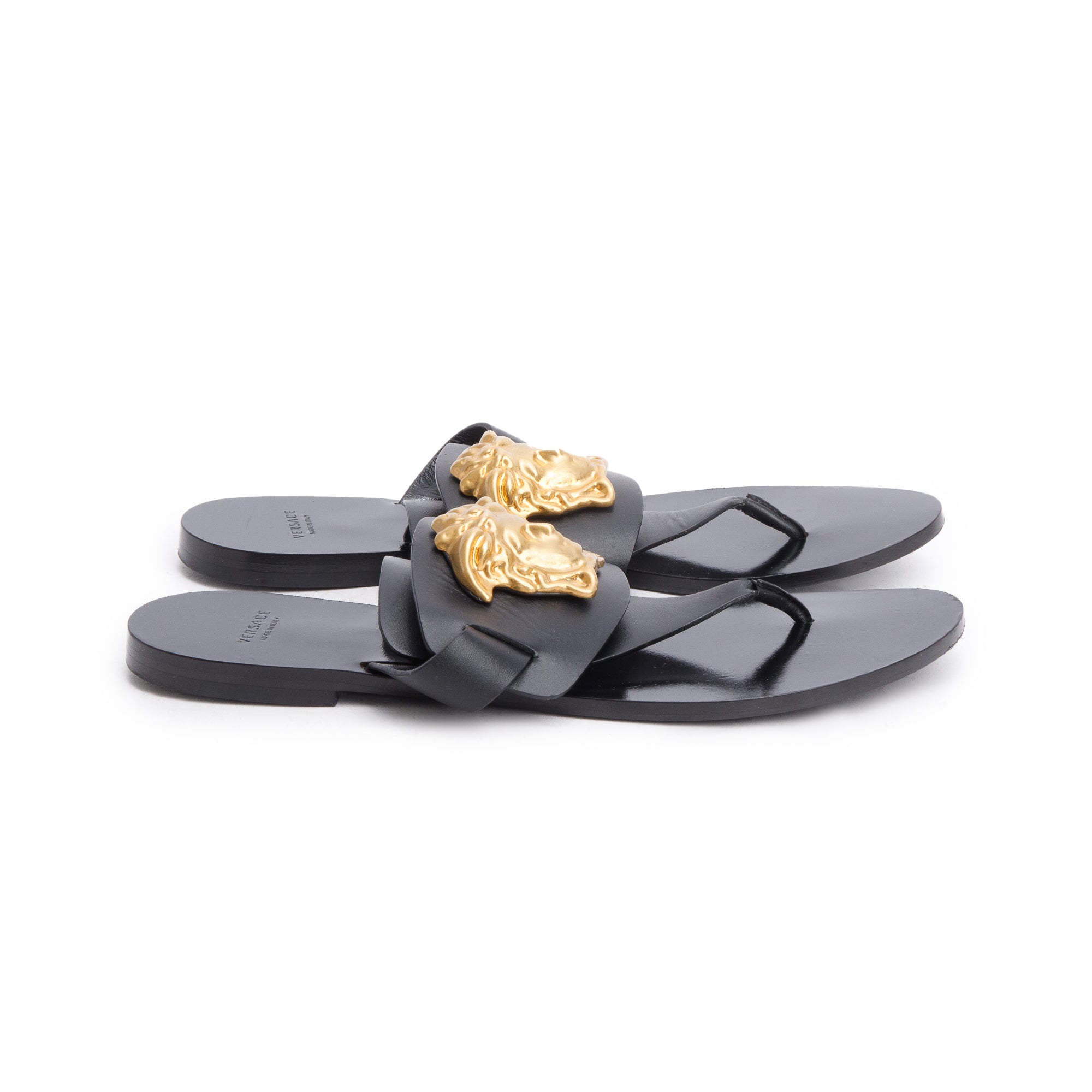 Versace Black Leather Medusa Thong Flat Sandals, Size 37 w/ Box