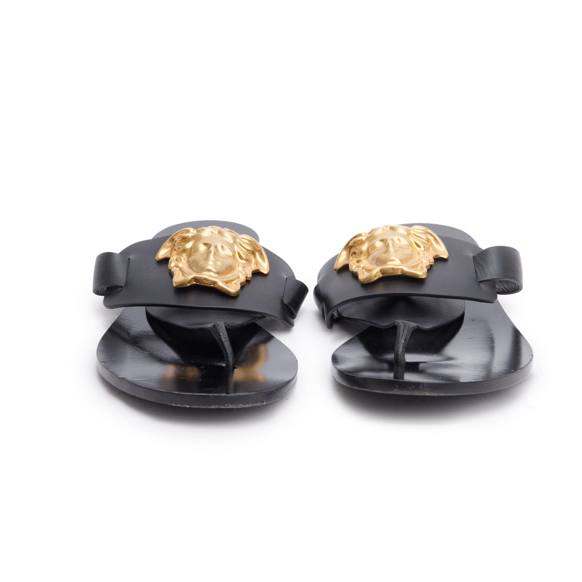 Versace Black Leather Medusa Thong Flat Sandals, Size 37 w/ Box