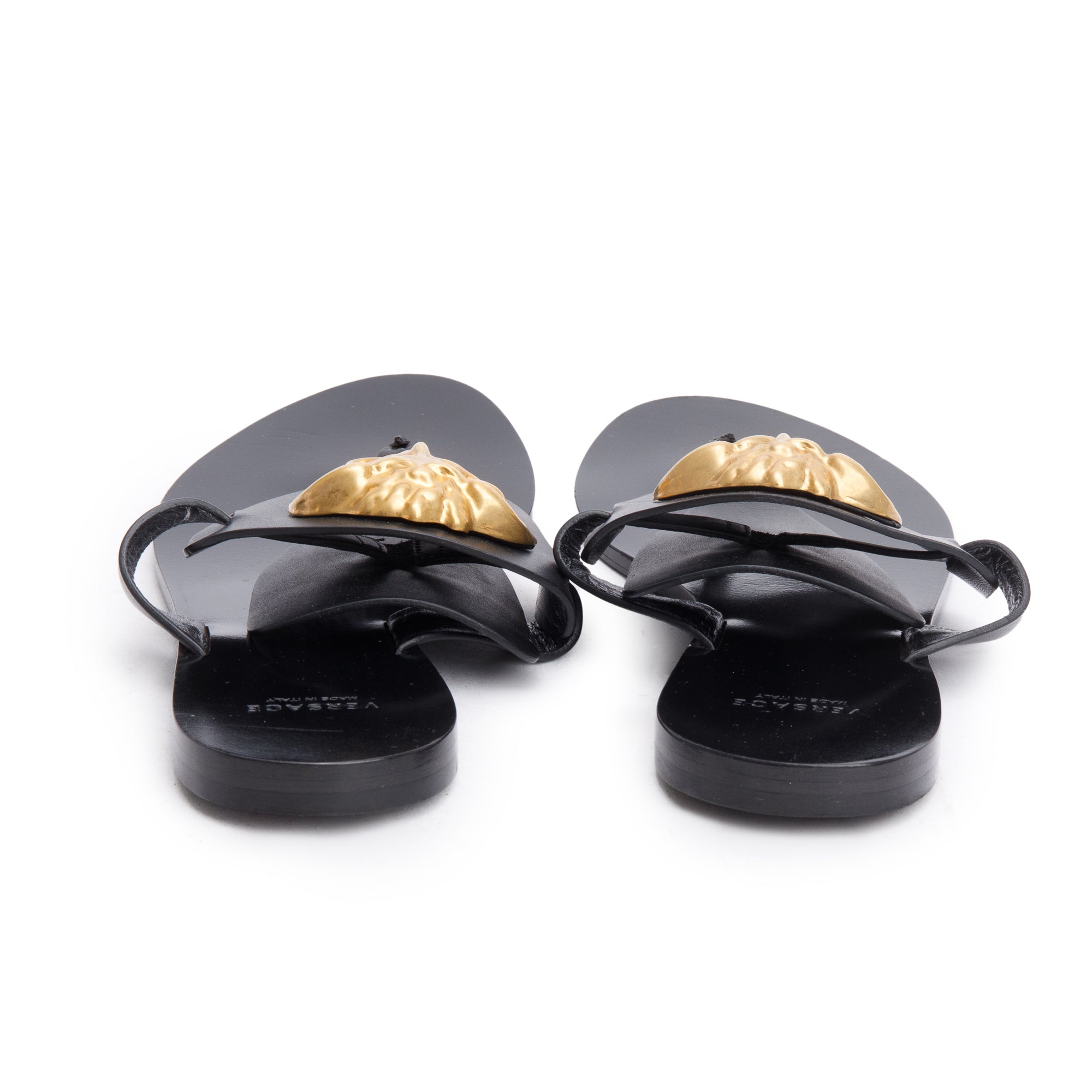 Versace Black Leather Medusa Thong Flat Sandals, Size 37 w/ Box