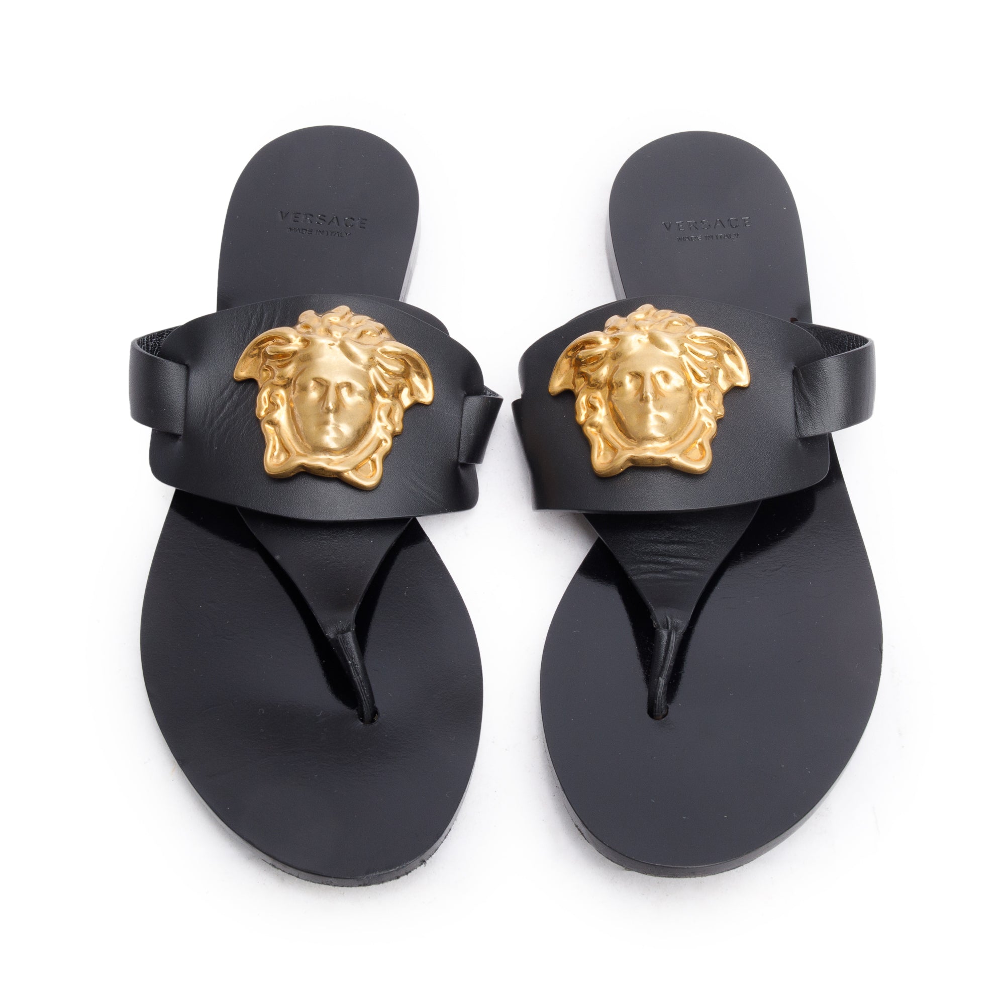 Versace Black Leather Medusa Thong Flat Sandals, Size 37 w/ Box