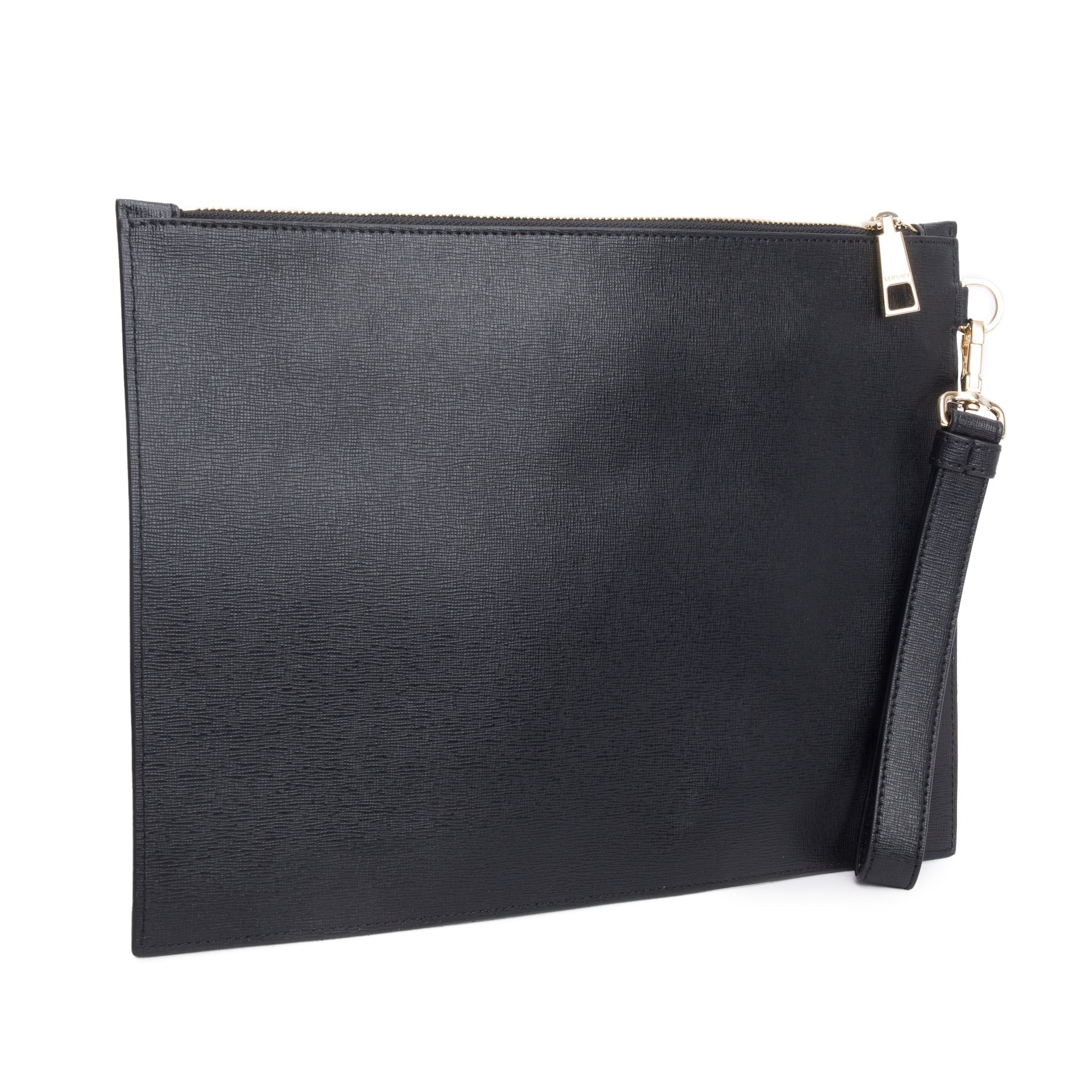 Versace Black Leather Medusa Zip Pouch Clutch