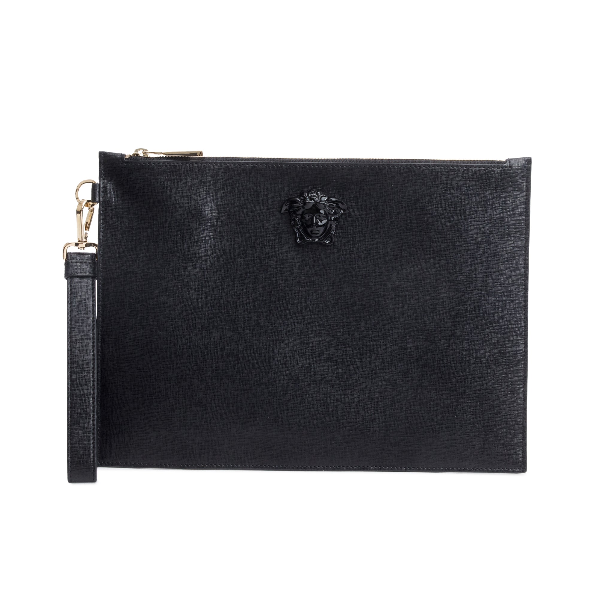 Versace Black Leather Medusa Zip Pouch Clutch