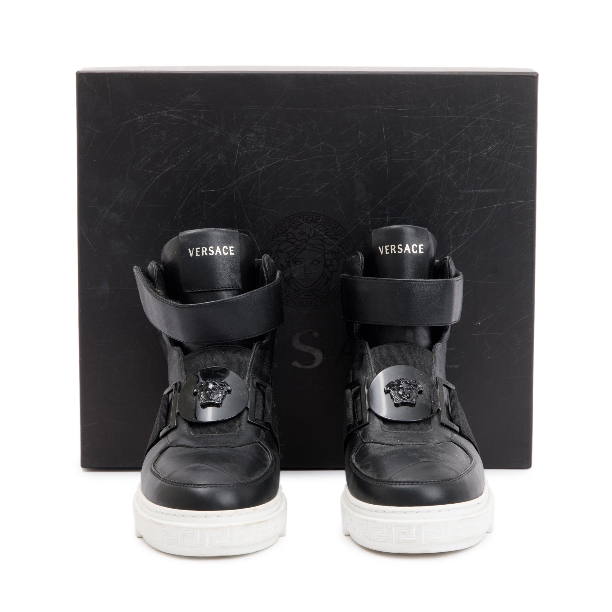 Versace Black Medusa Insignia Leather High Top Sneakers, Size 36 w/ Box