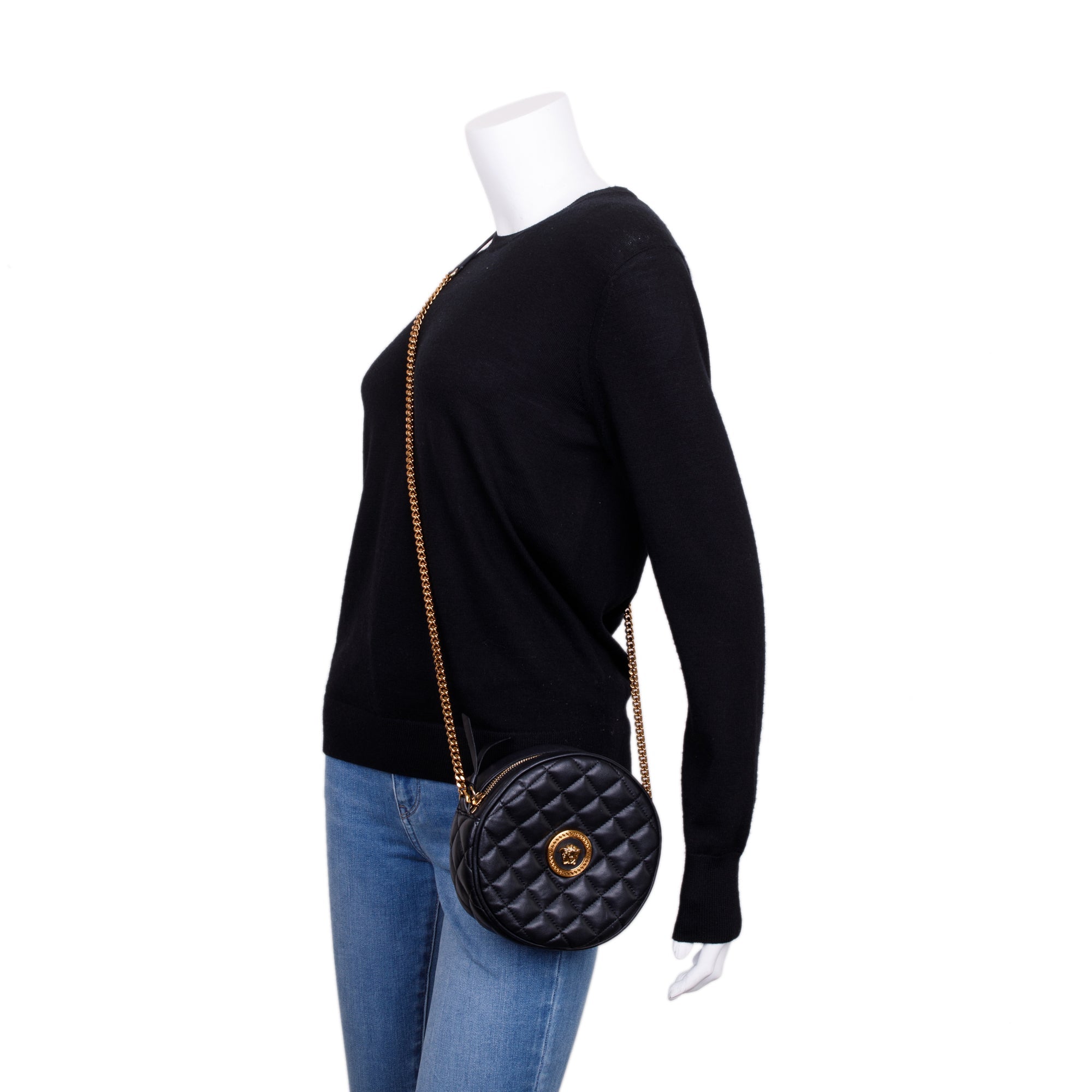 Versace Black Nappa Quilted Leather La Medusa Round Camera Bag