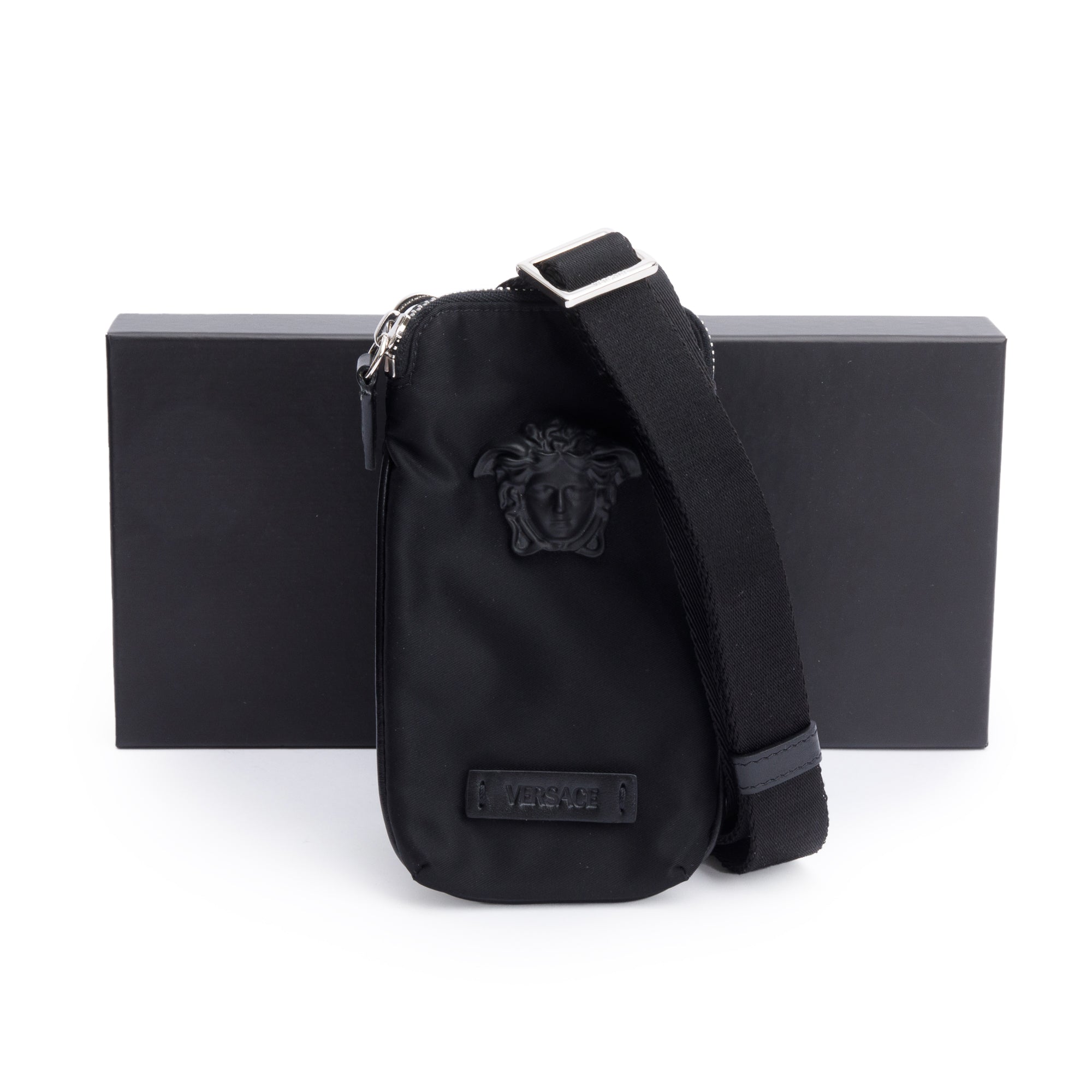 Versace Black Nylon La Medusa Phone Pouch w/ Strap, Box & Authenticity Card