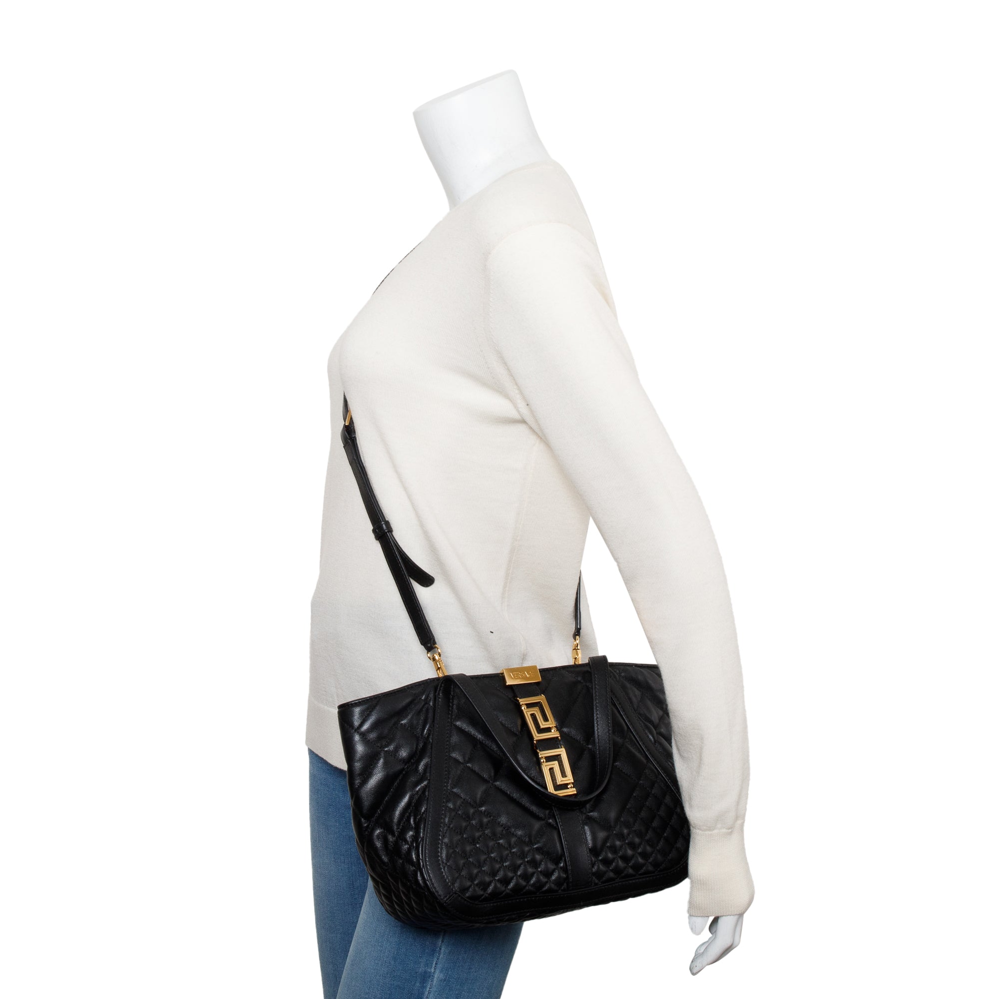 Versace Black Quilted Calfskin Leather Small Greca Tote Bag w/ Strap