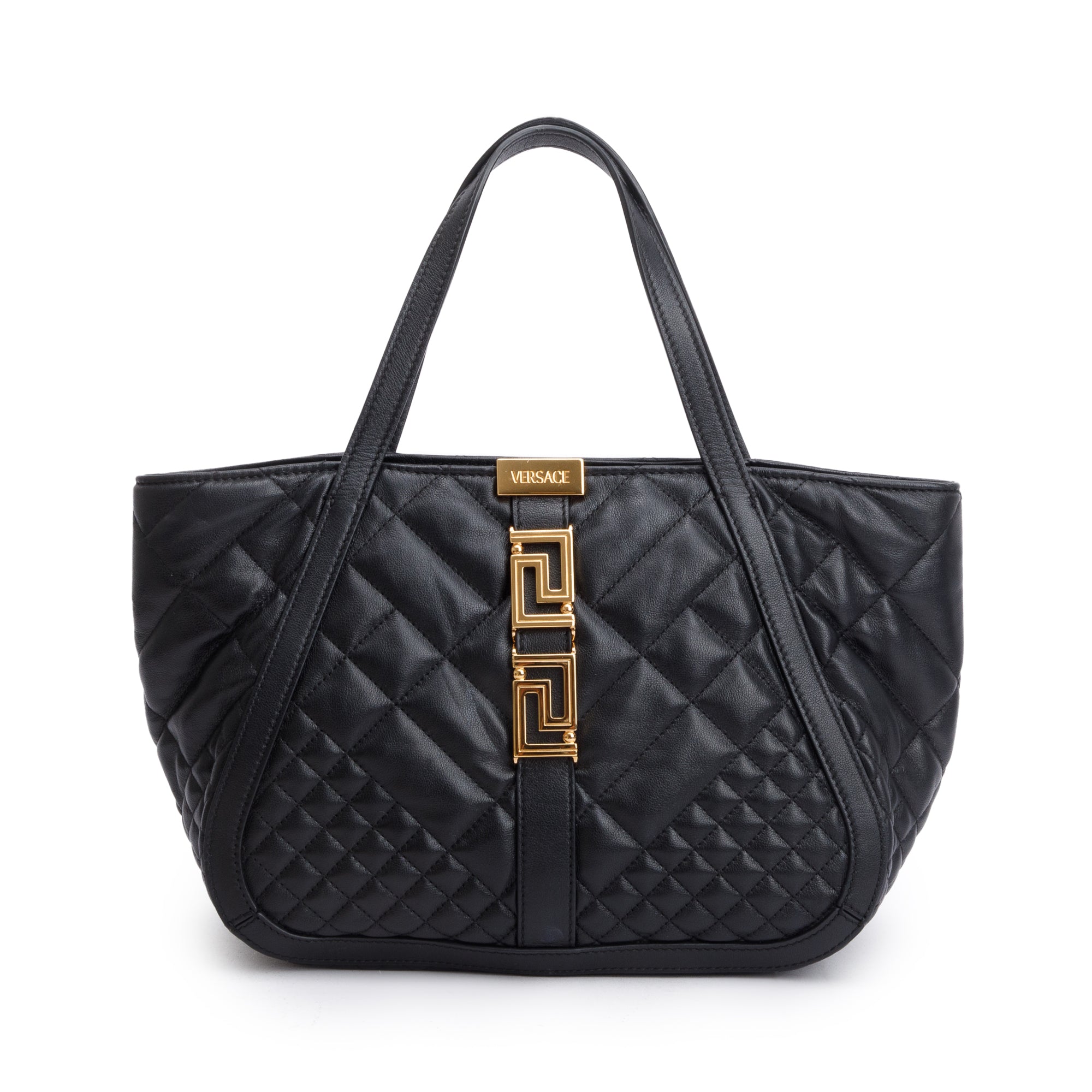 Versace Black Quilted Calfskin Leather Small Greca Tote Bag w/ Strap