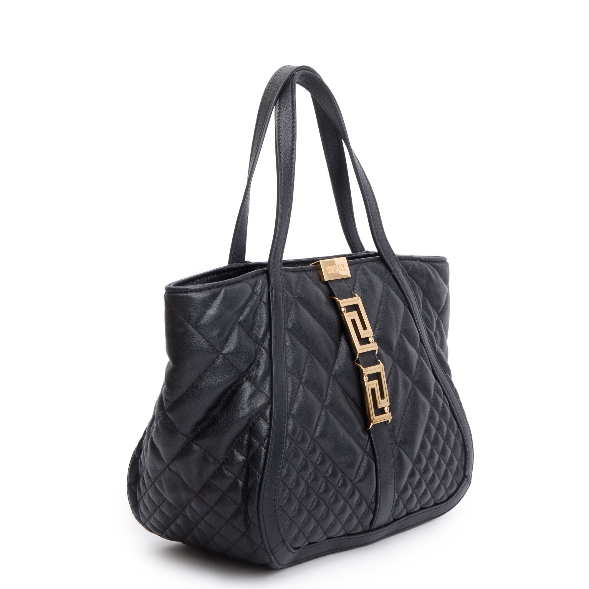 Versace Black Quilted Calfskin Leather Small Greca Tote Bag w/ Strap
